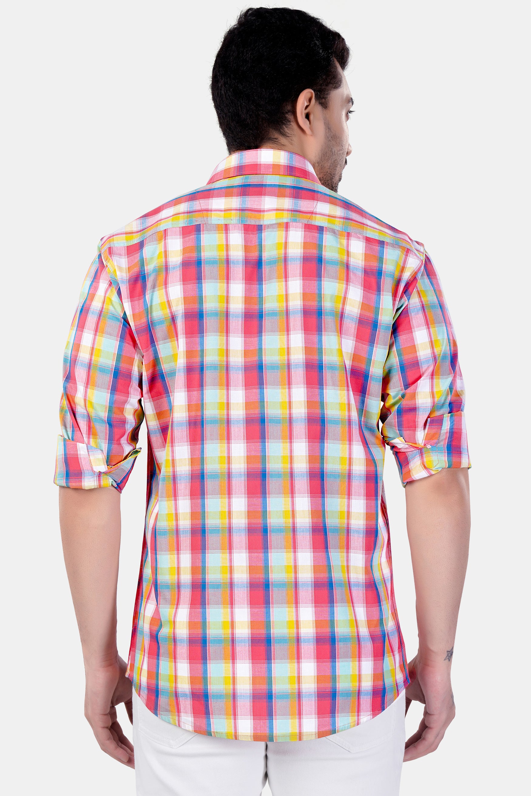 Mandy Pink with Sienna Orange and Glacier Blue Plaid Premium Cotton Shirt