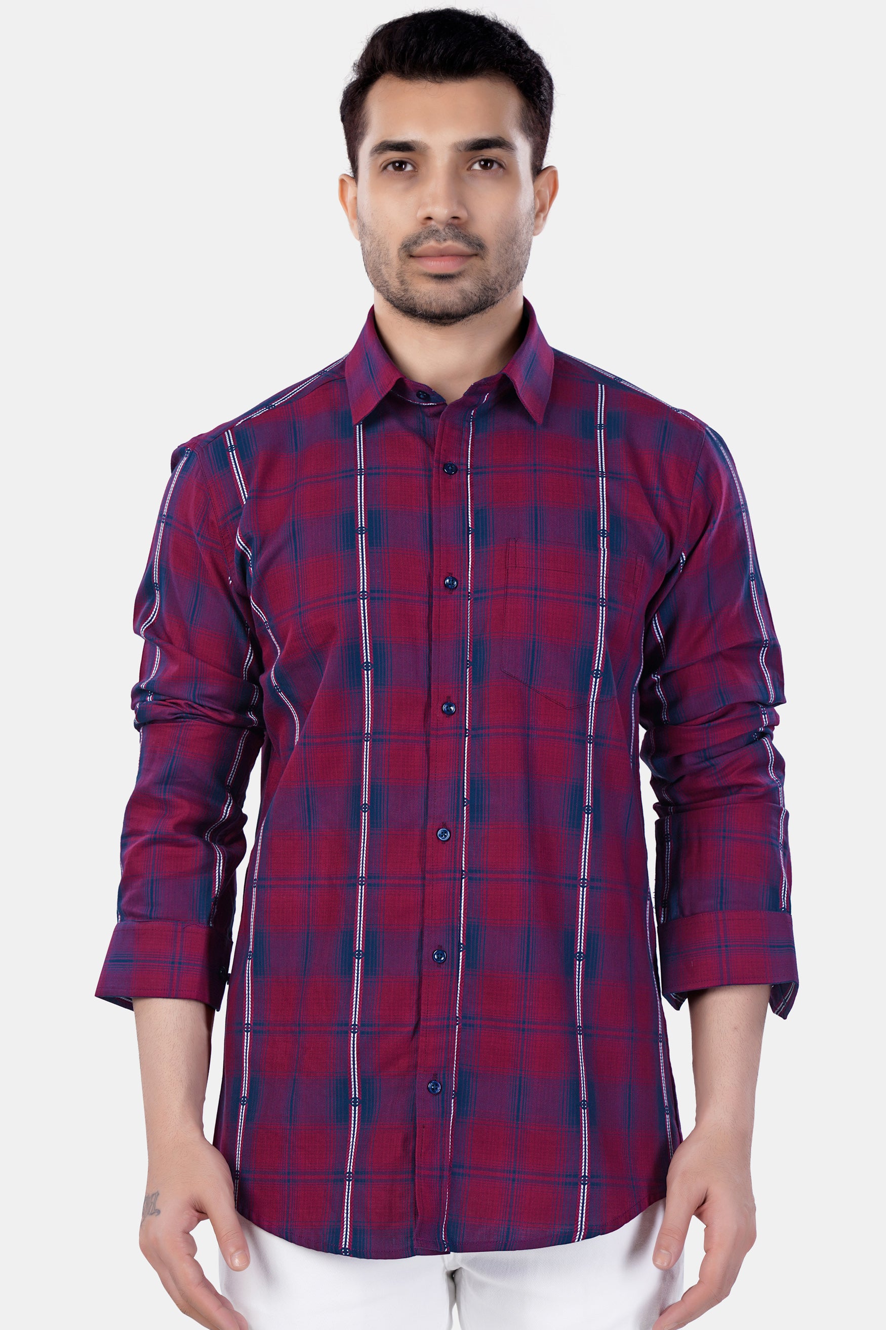 Pansy Maroon and Ebony Clay Blue Plaid Premium Cotton Shirt