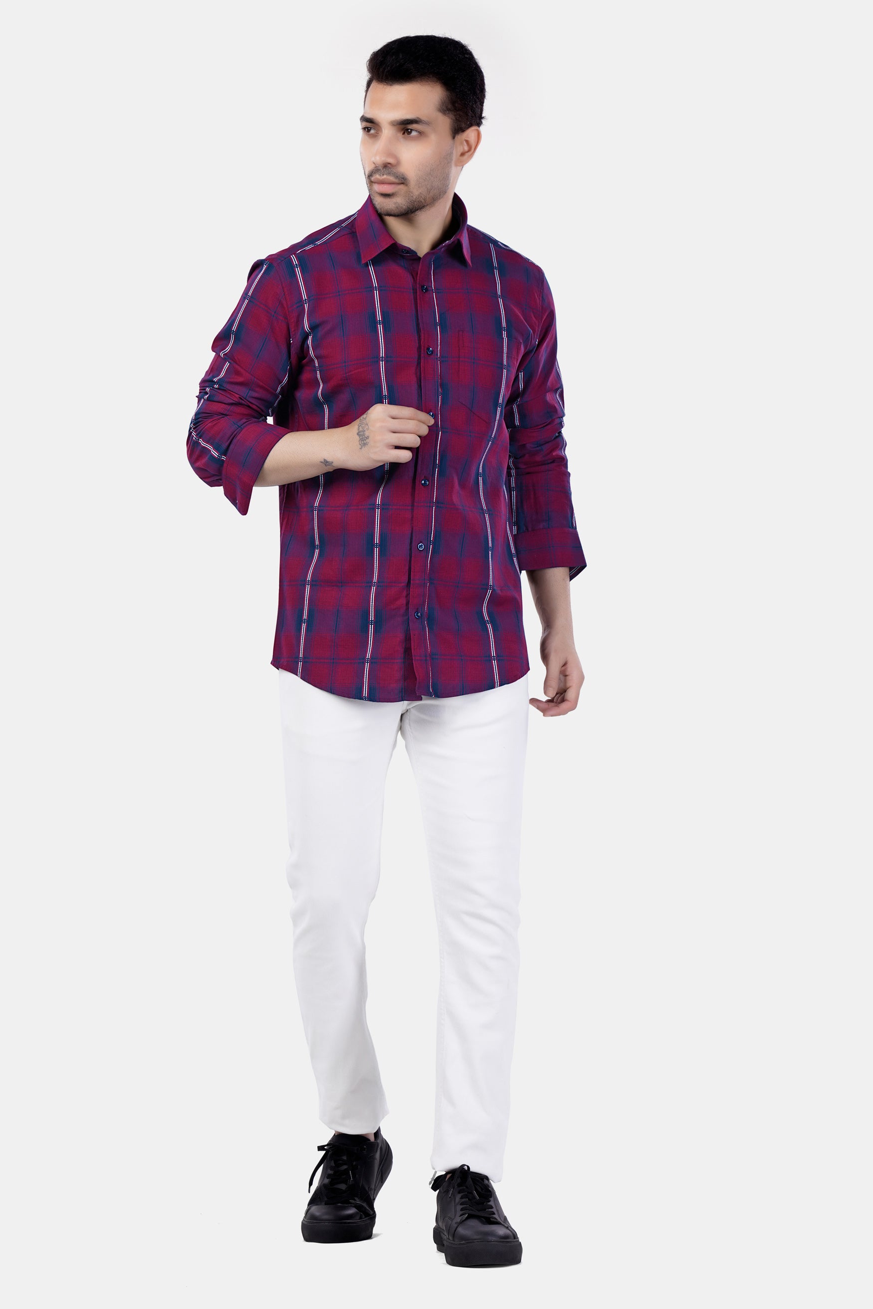 Pansy Maroon and Ebony Clay Blue Plaid Premium Cotton Shirt