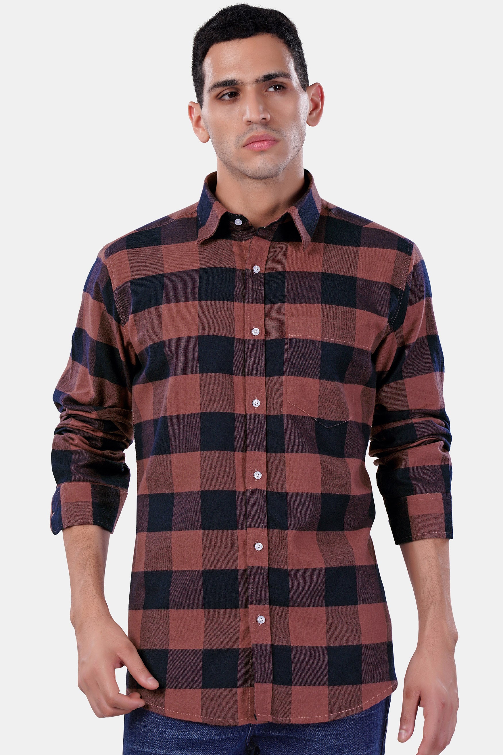 Cordovan Brown and Firefly Blue Checked Premium Cotton Shirt