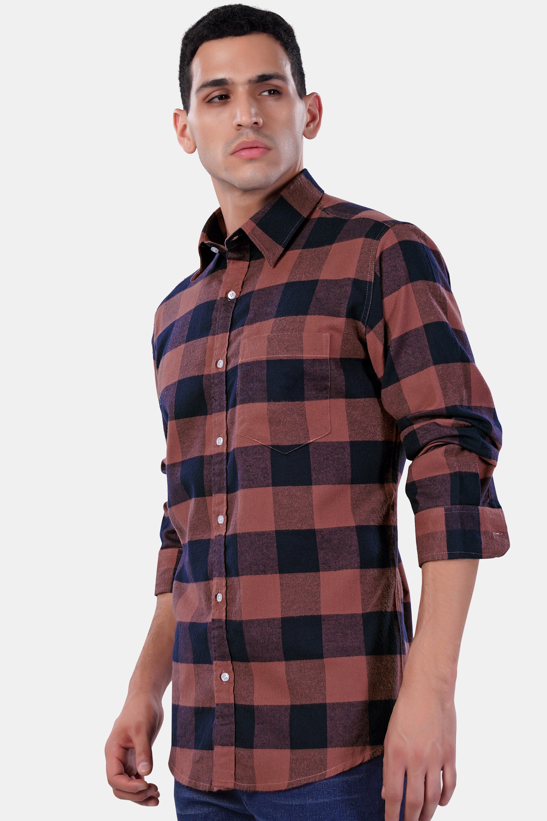 Cordovan Brown and Firefly Blue Checked Premium Cotton Shirt