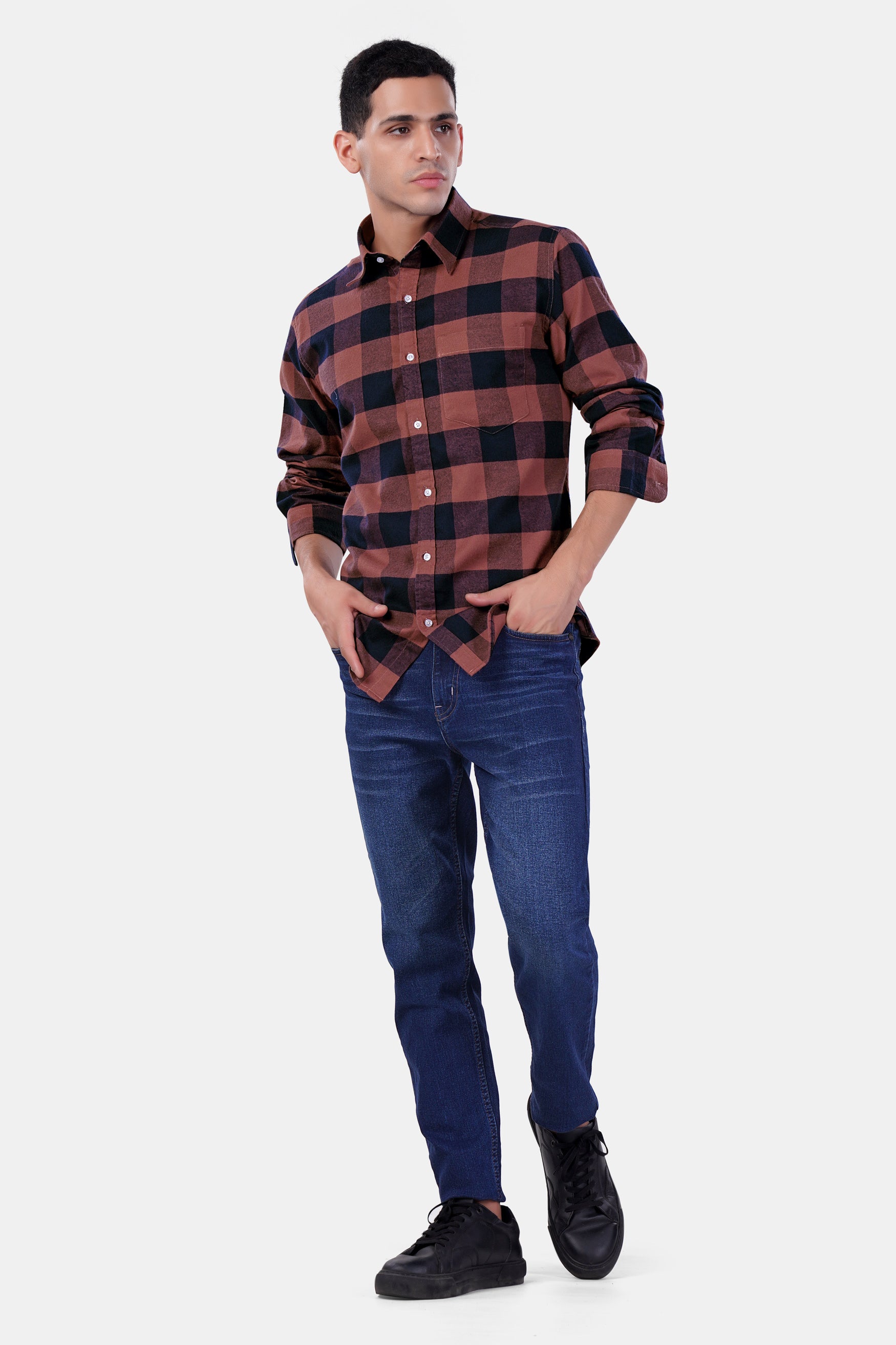 Cordovan Brown and Firefly Blue Checked Premium Cotton Shirt