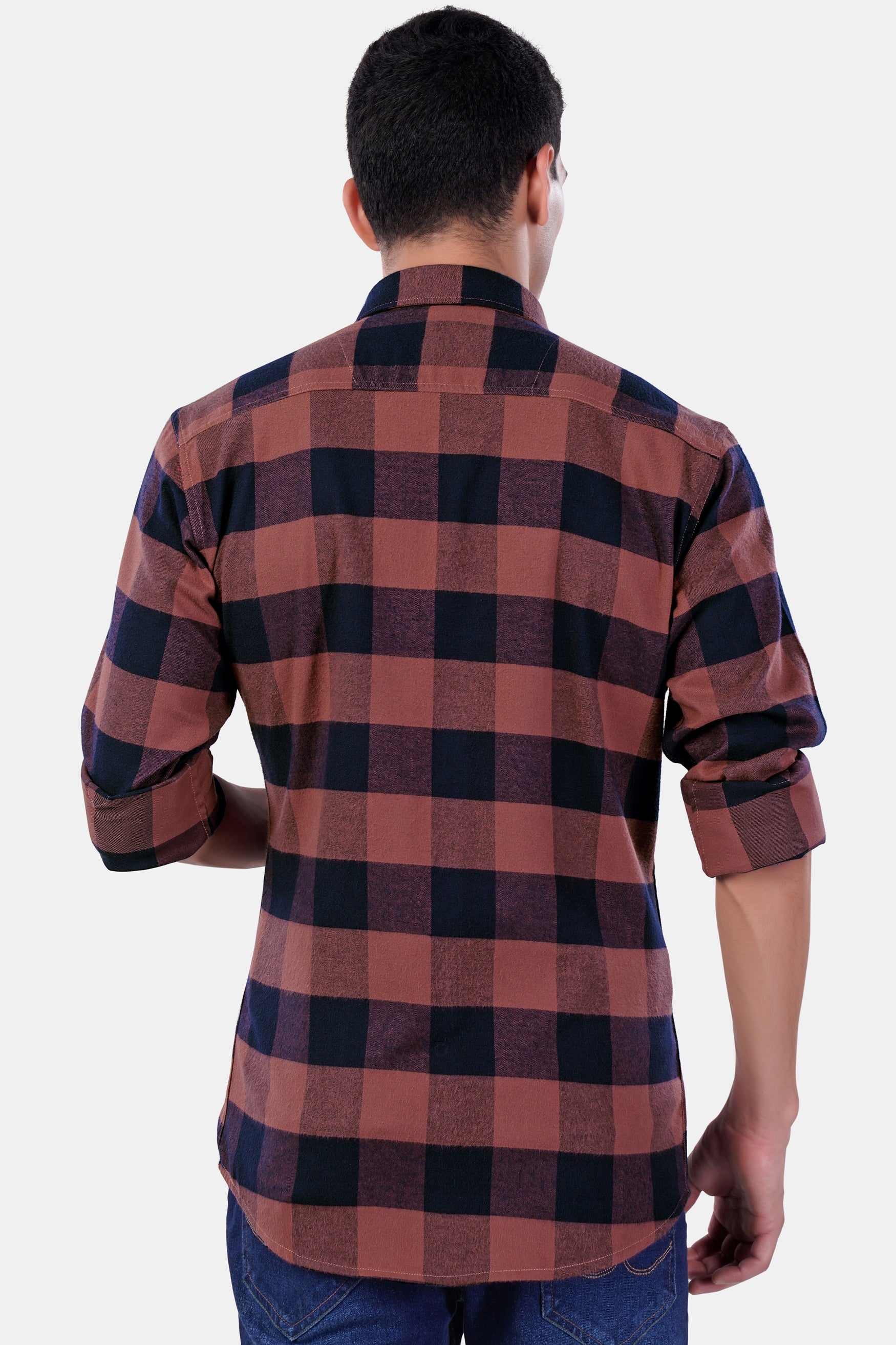 Cordovan Brown and Firefly Blue Checked Premium Cotton Shirt