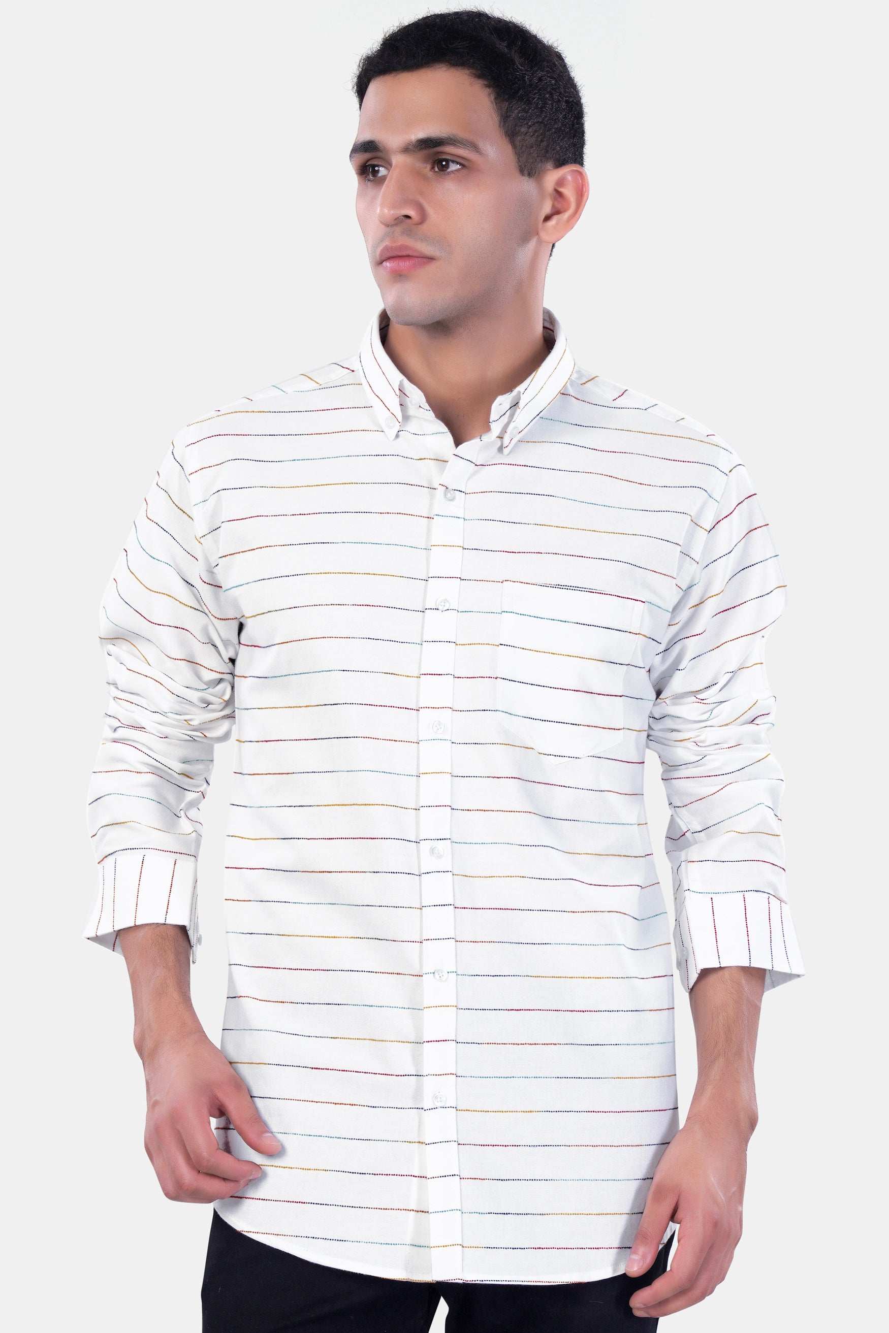 Bright White Multicolour Striped Premium Cotton Shirt