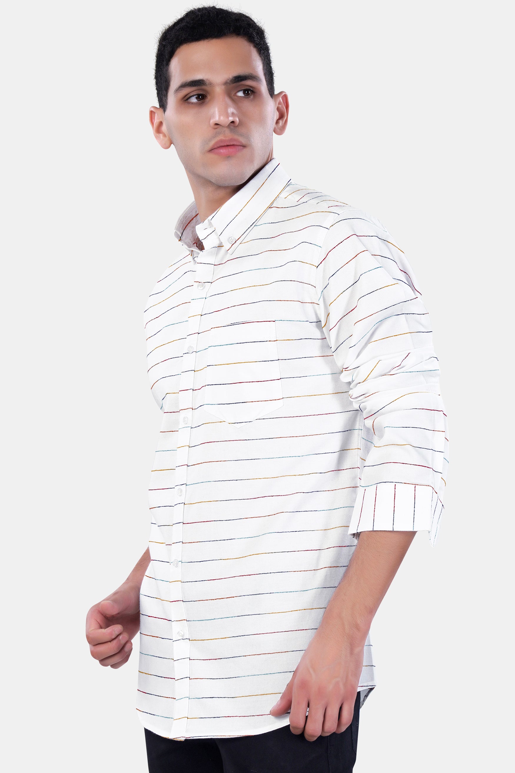 Bright White Multicolour Striped Premium Cotton Shirt