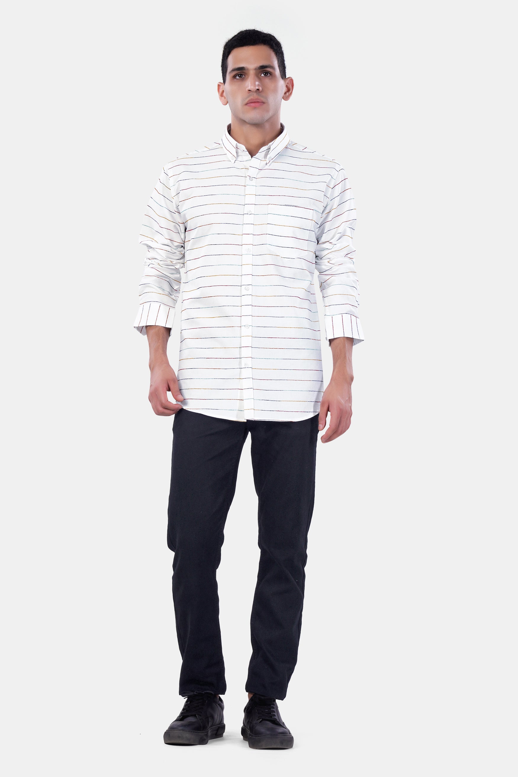 Bright White Multicolour Striped Premium Cotton Shirt