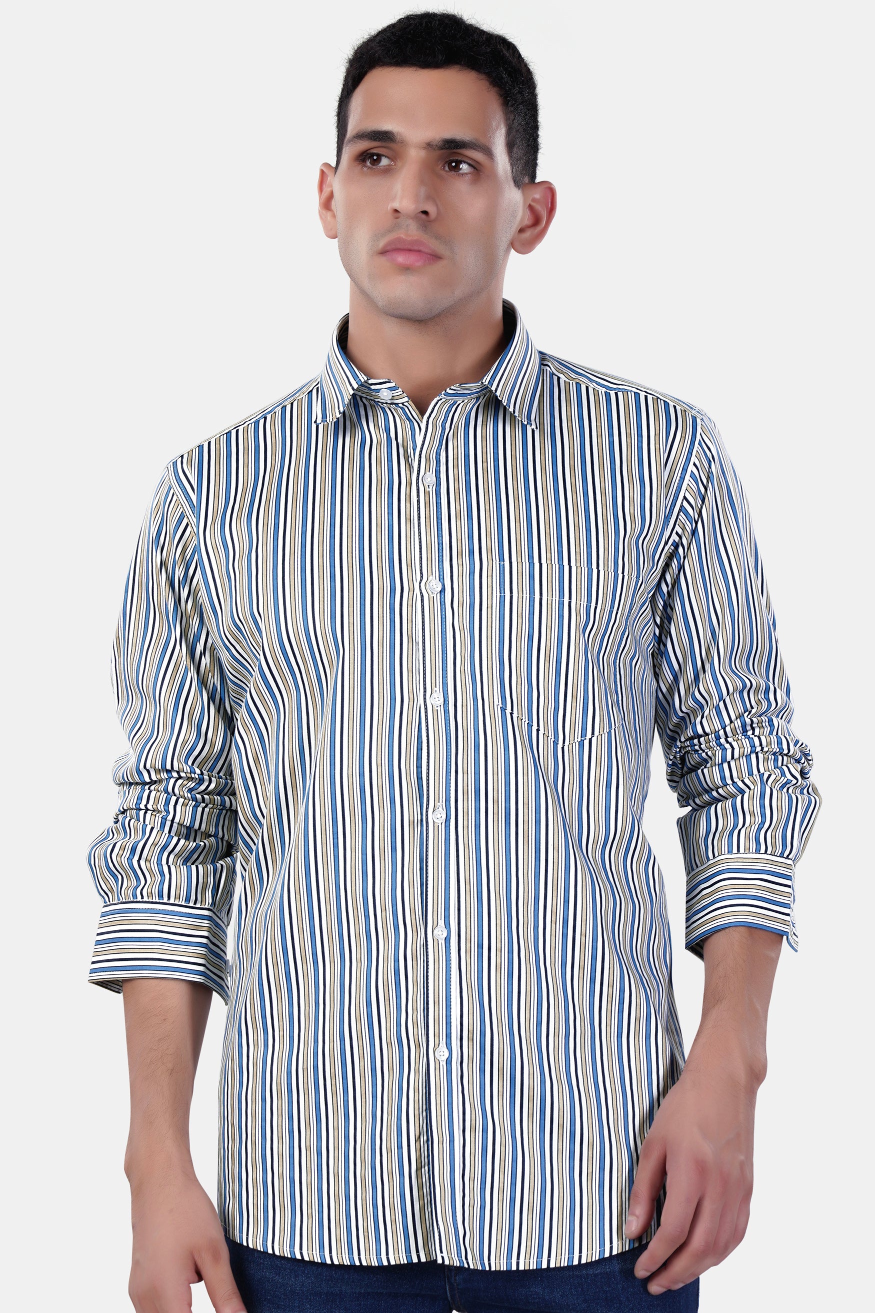 Bright White and Astral Blue Multicolor Striped Premium Cotton Shirt