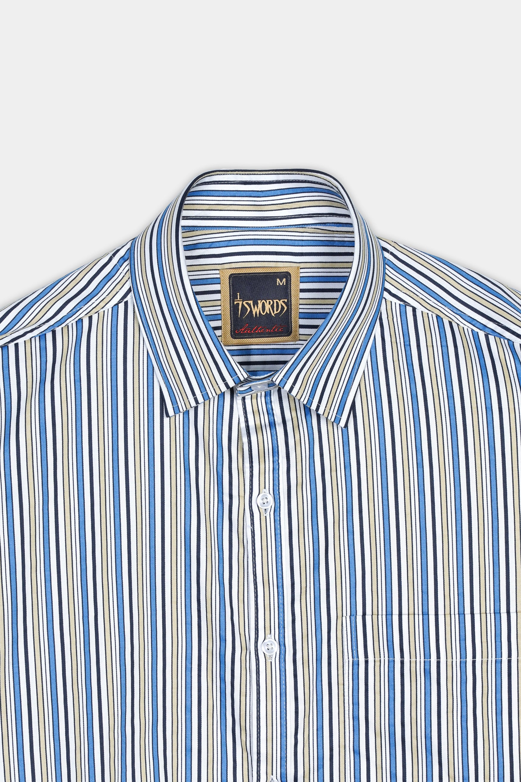 Bright White and Astral Blue Multicolor Striped Premium Cotton Shirt