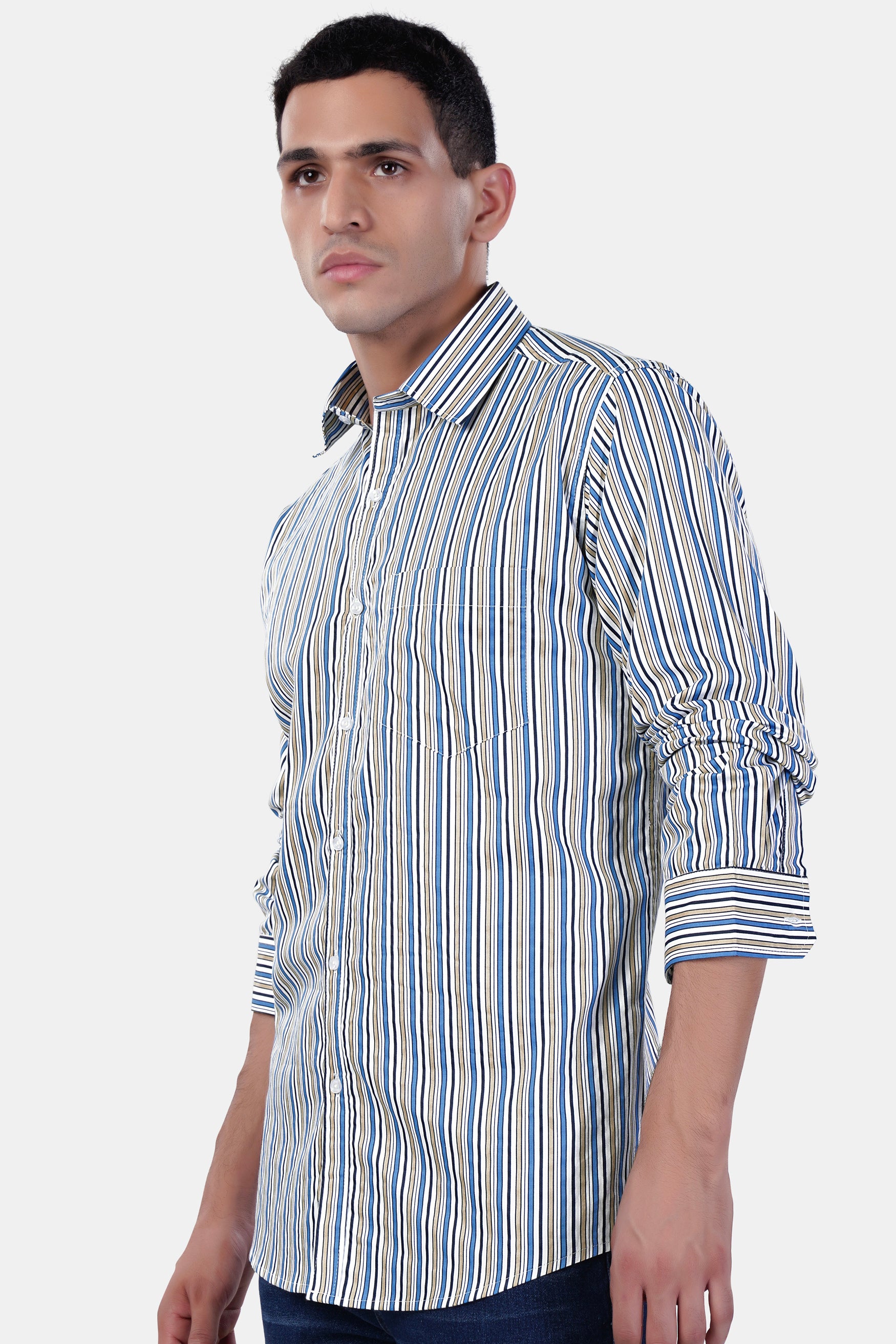 Bright White and Astral Blue Multicolor Striped Premium Cotton Shirt