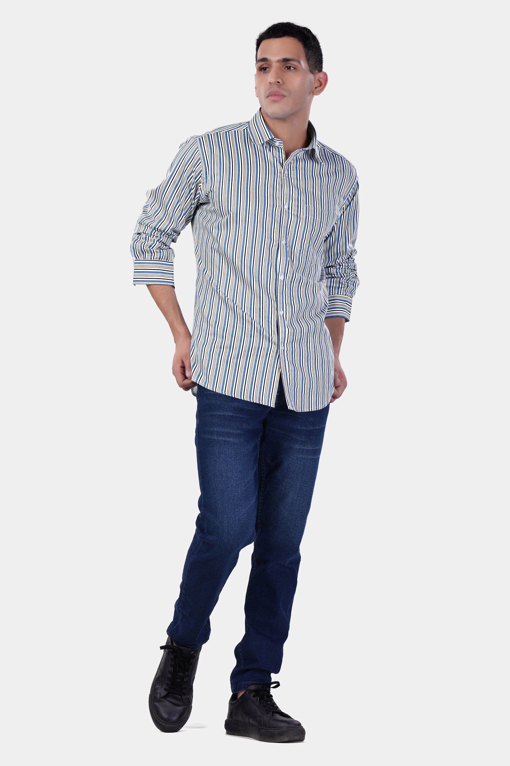 Bright White and Astral Blue Multicolor Striped Premium Cotton Shirt