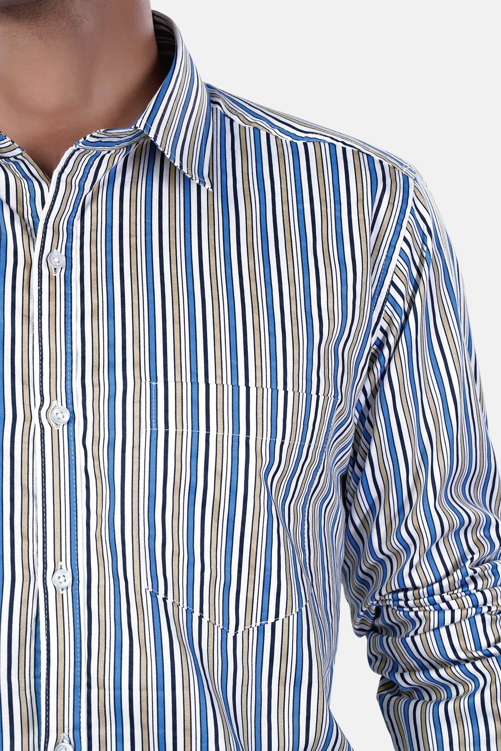 Bright White and Astral Blue Multicolor Striped Premium Cotton Shirt