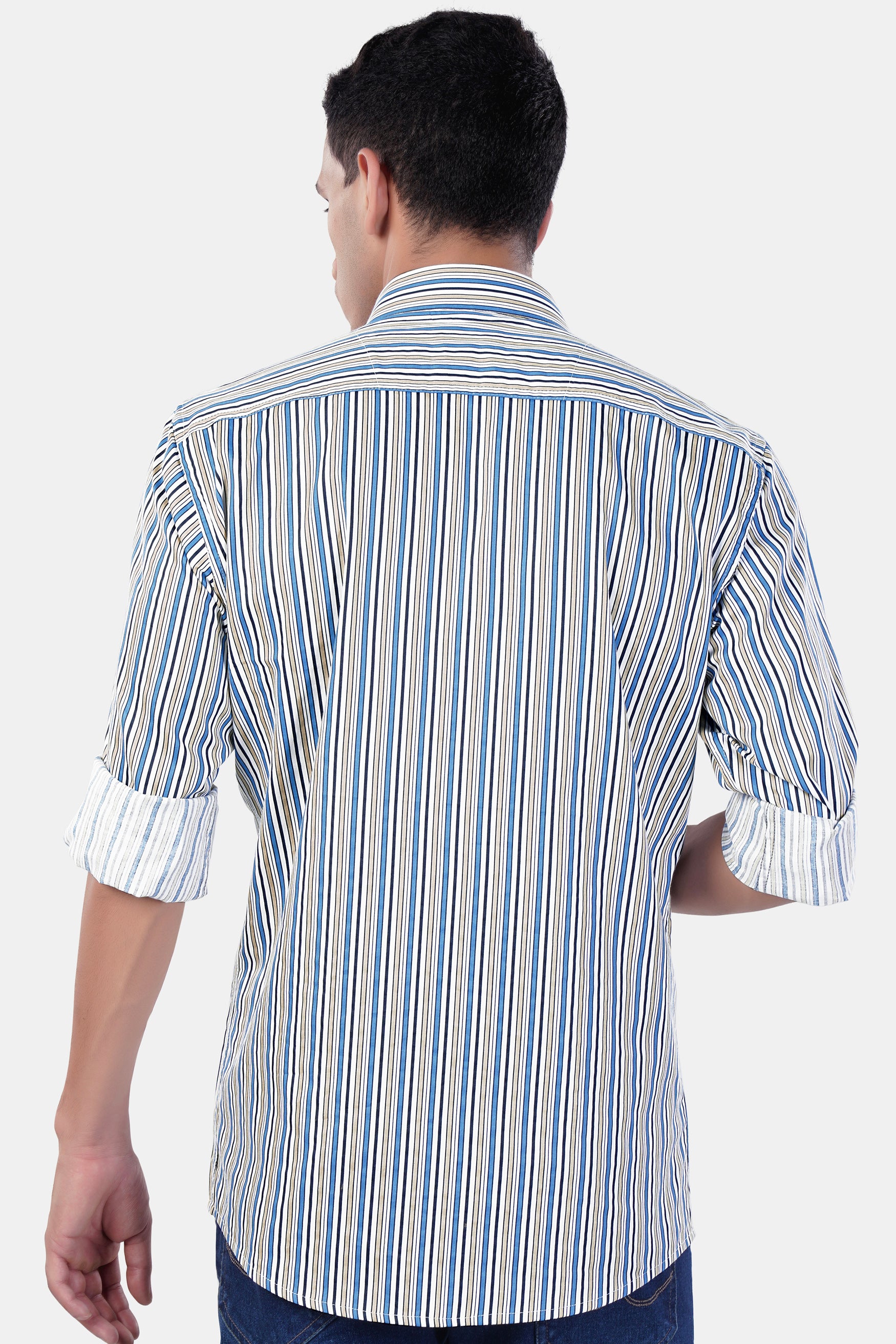 Bright White and Astral Blue Multicolor Striped Premium Cotton Shirt