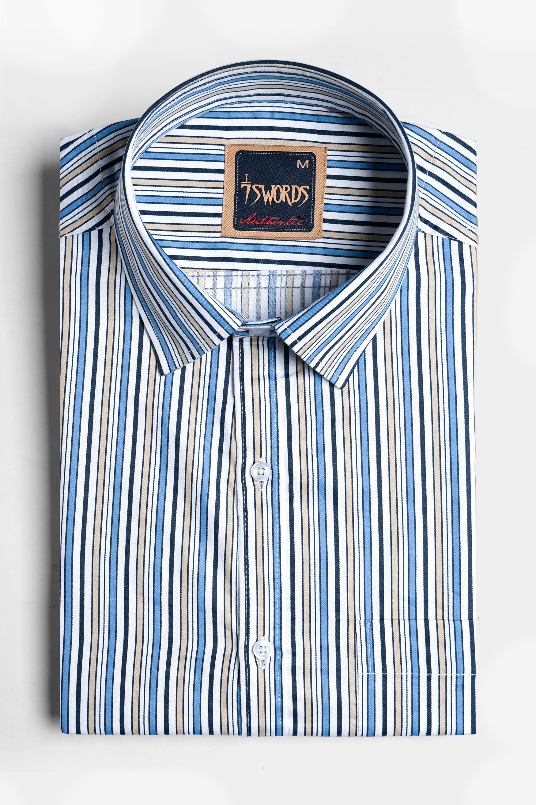 Bright White and Astral Blue Multicolor Striped Premium Cotton Shirt