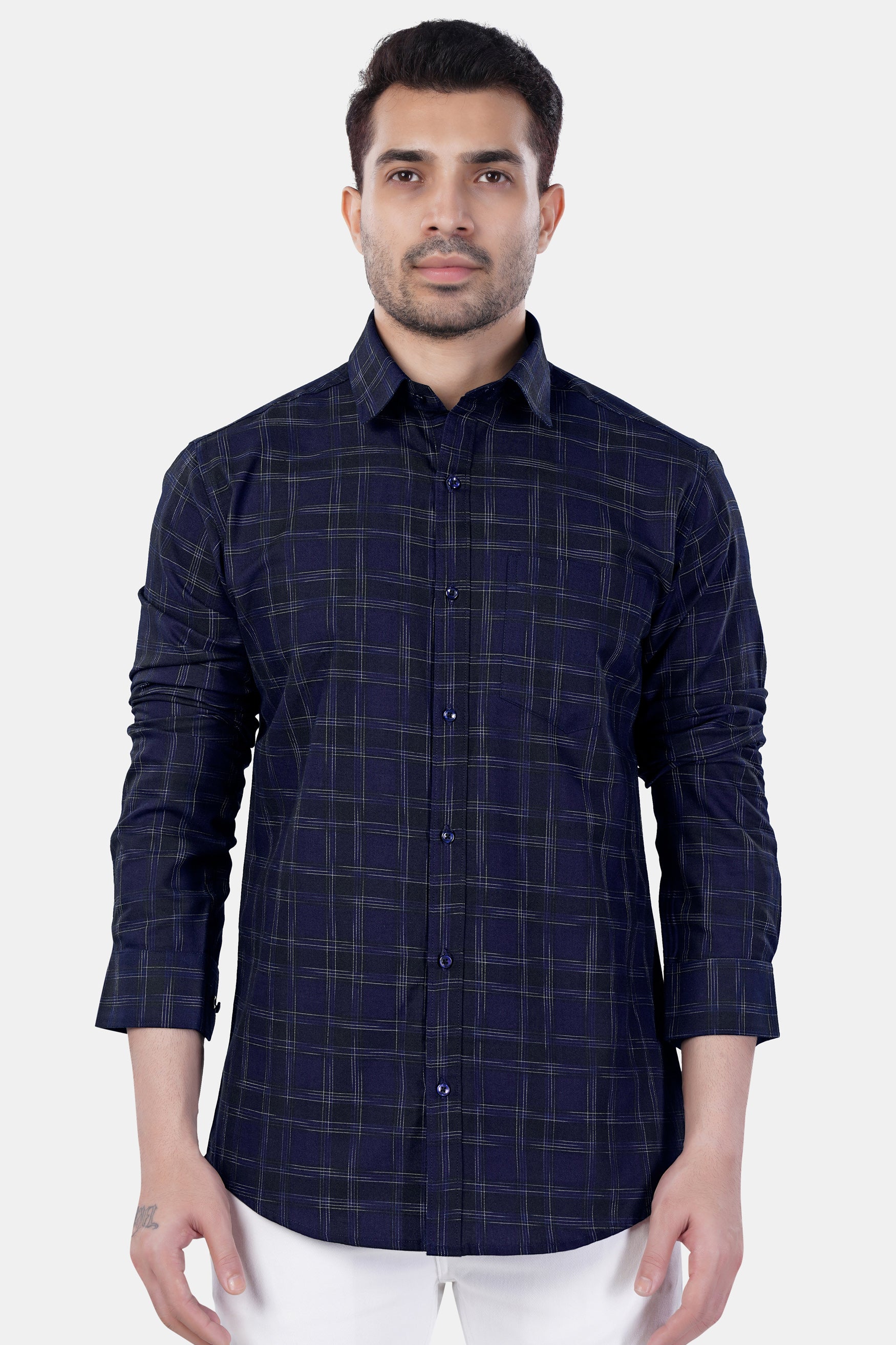 Cinder Blue and White Checkered Premium Cotton Shirt