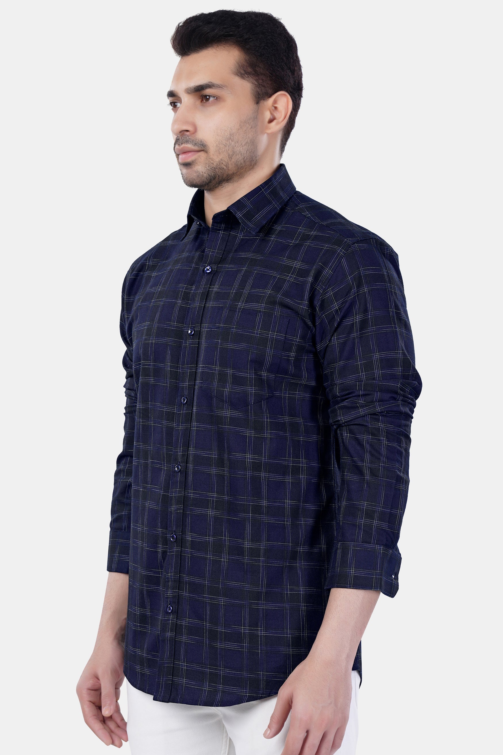 Cinder Blue and White Checkered Premium Cotton Shirt