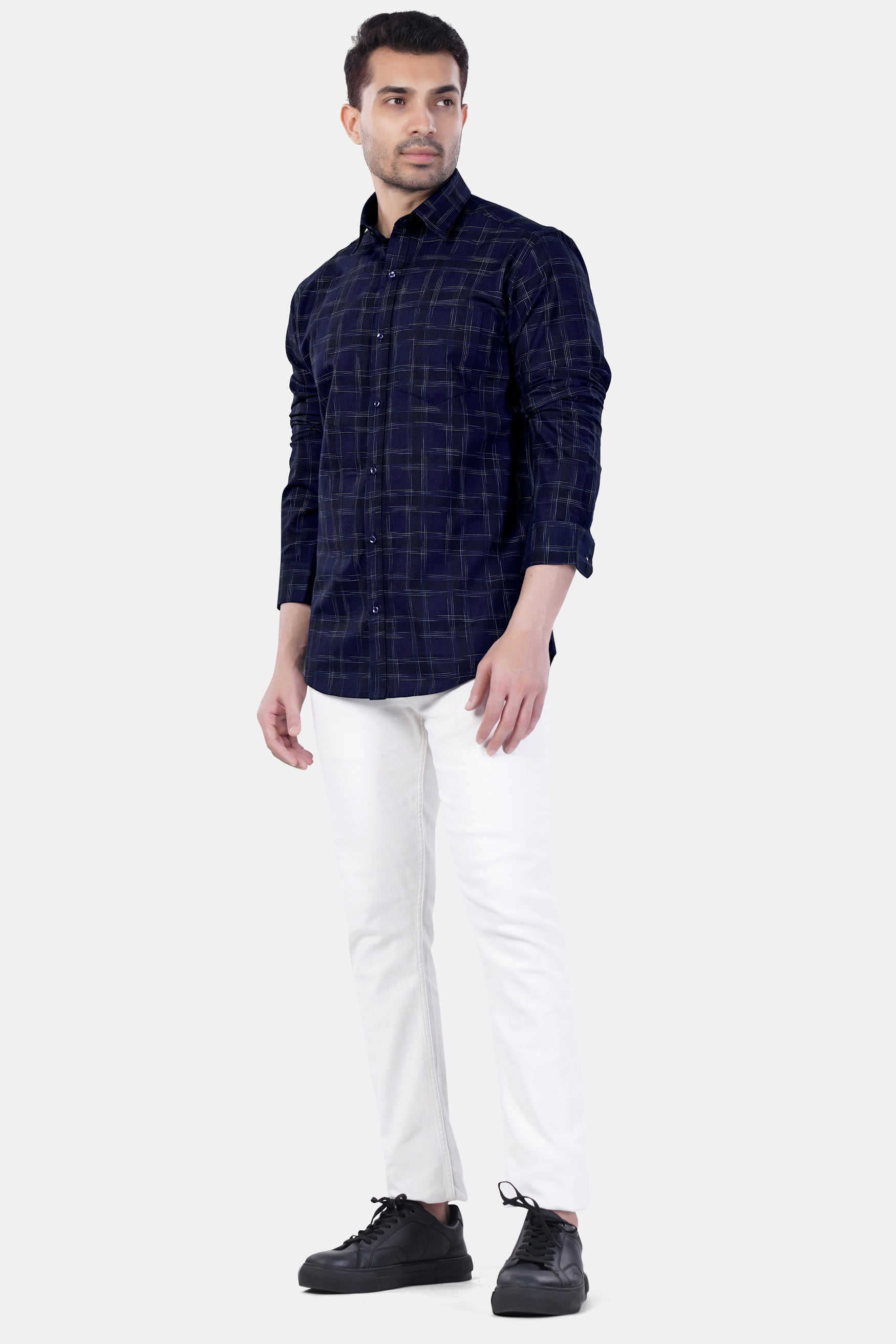 Cinder Blue and White Checkered Premium Cotton Shirt