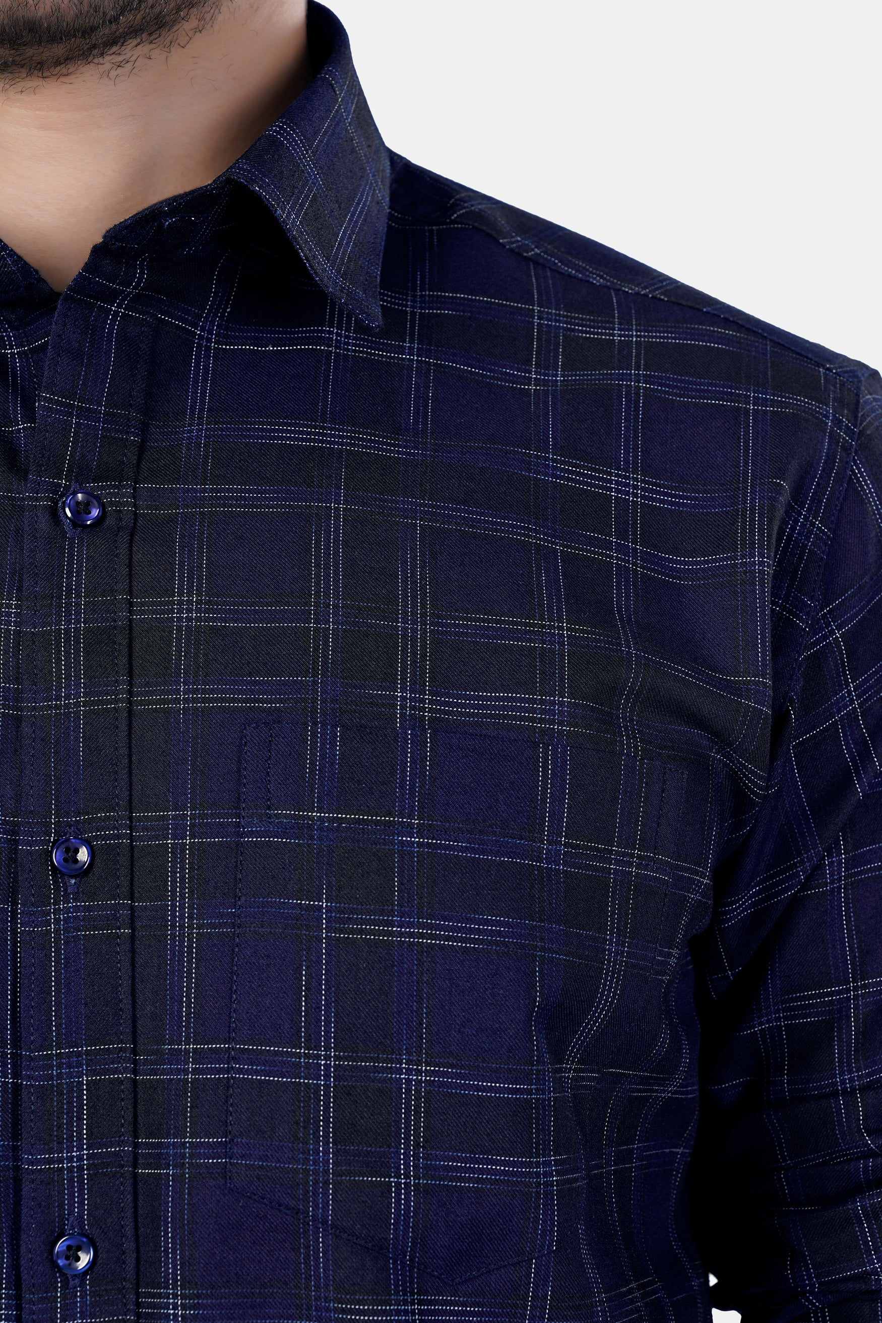 Cinder Blue and White Checkered Premium Cotton Shirt