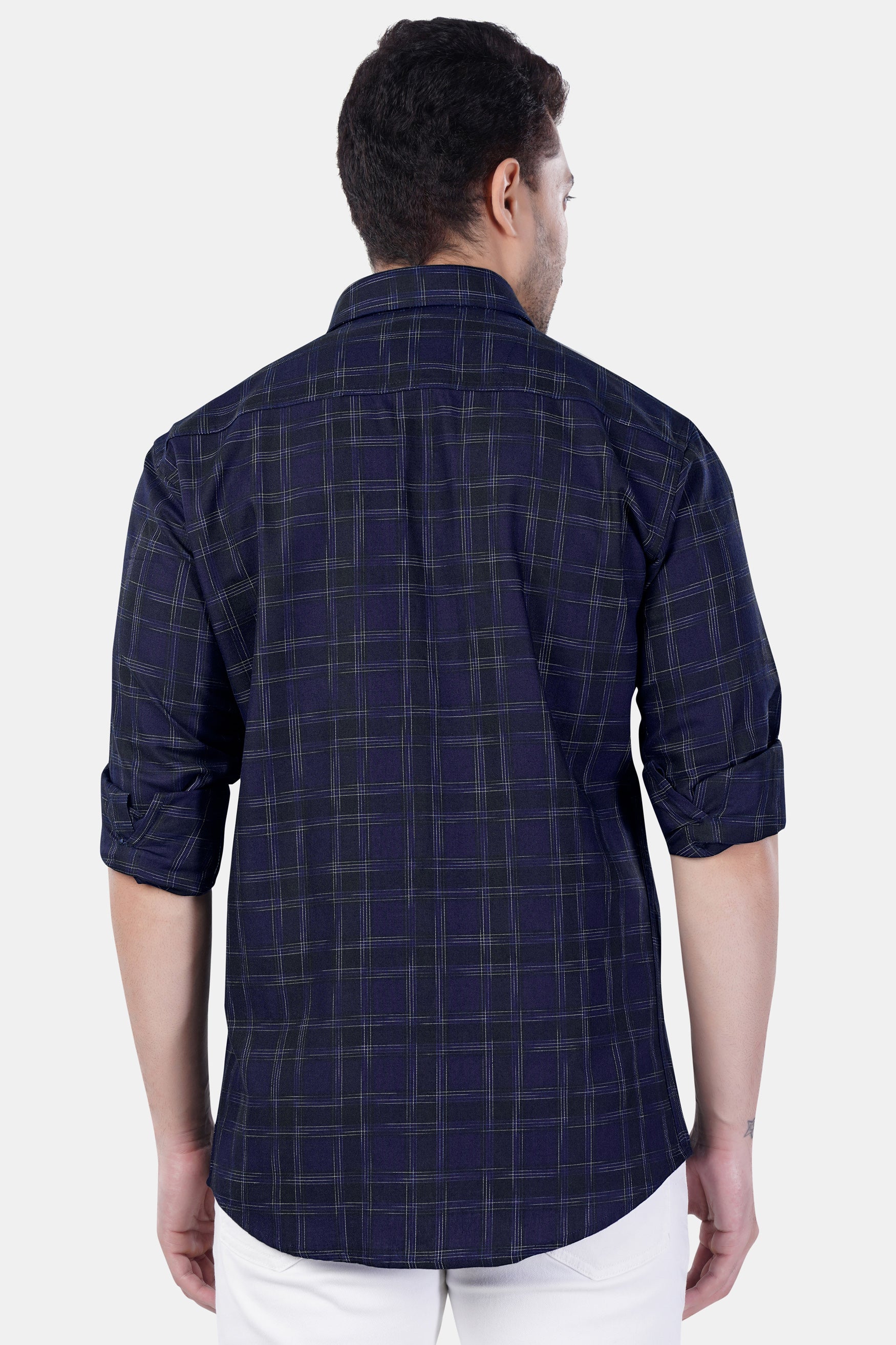 Cinder Blue and White Checkered Premium Cotton Shirt