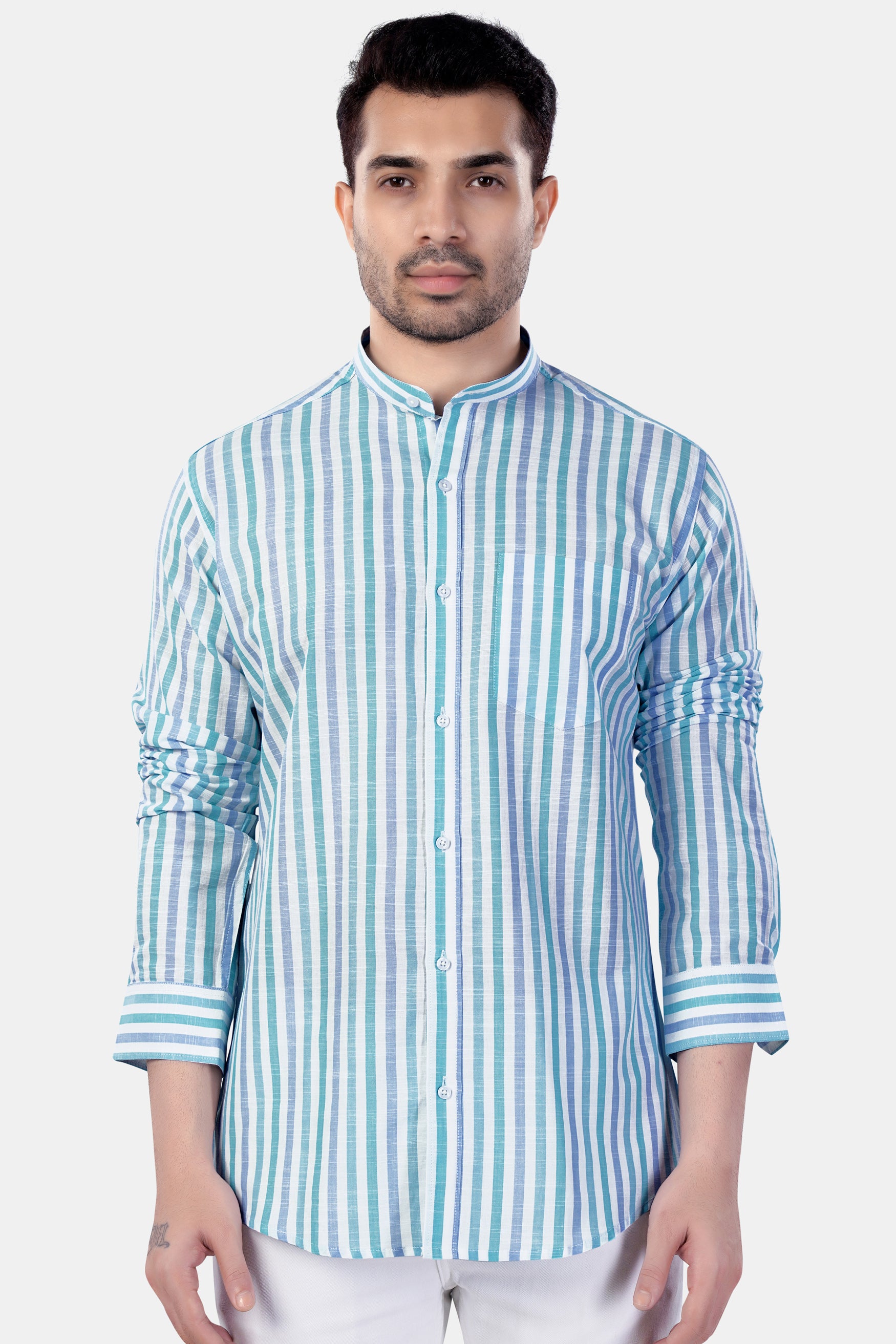 Bright White with Cascade Green and Yonder Blue Striped Premium Cotton Shirt