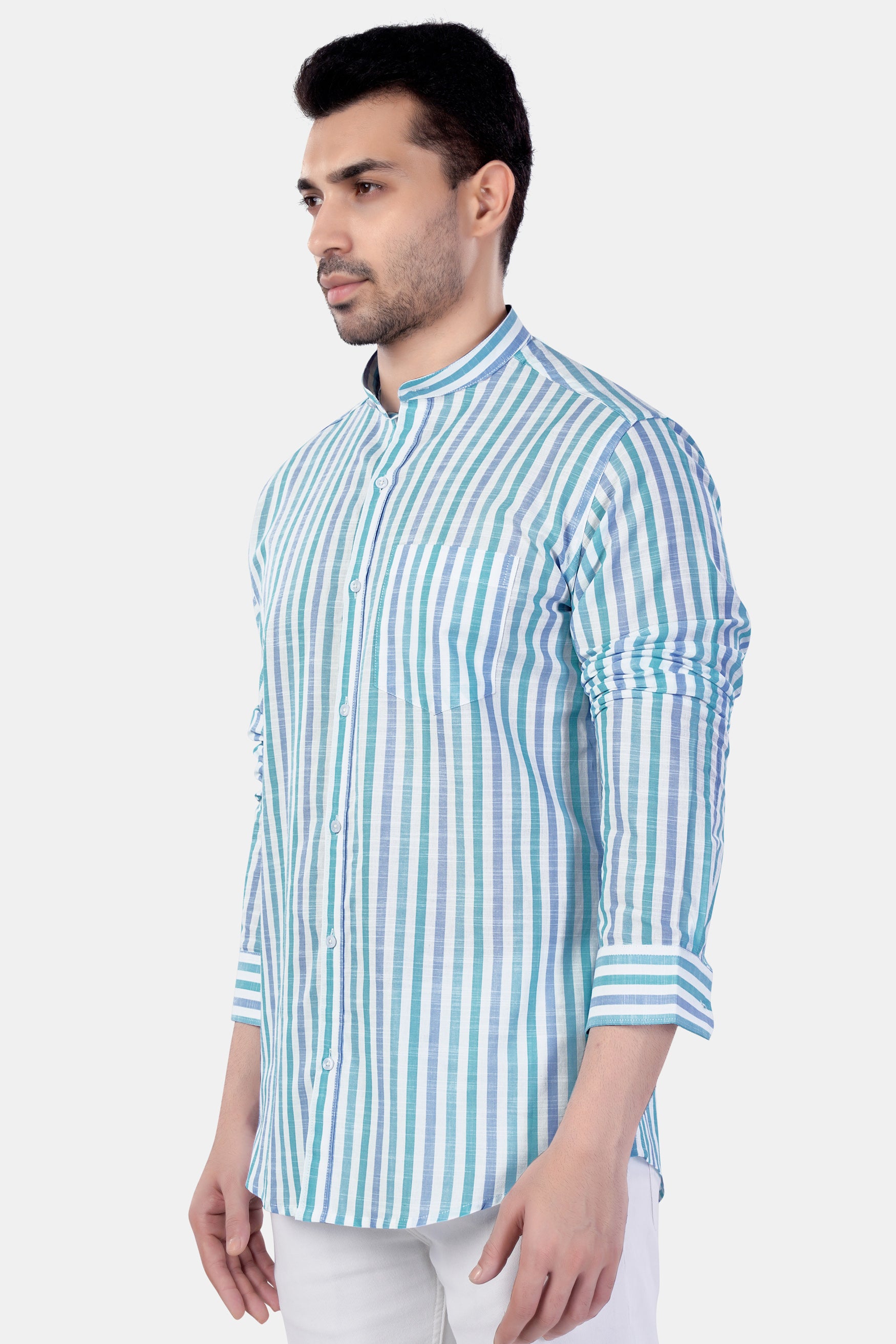 Bright White with Cascade Green and Yonder Blue Striped Premium Cotton Shirt