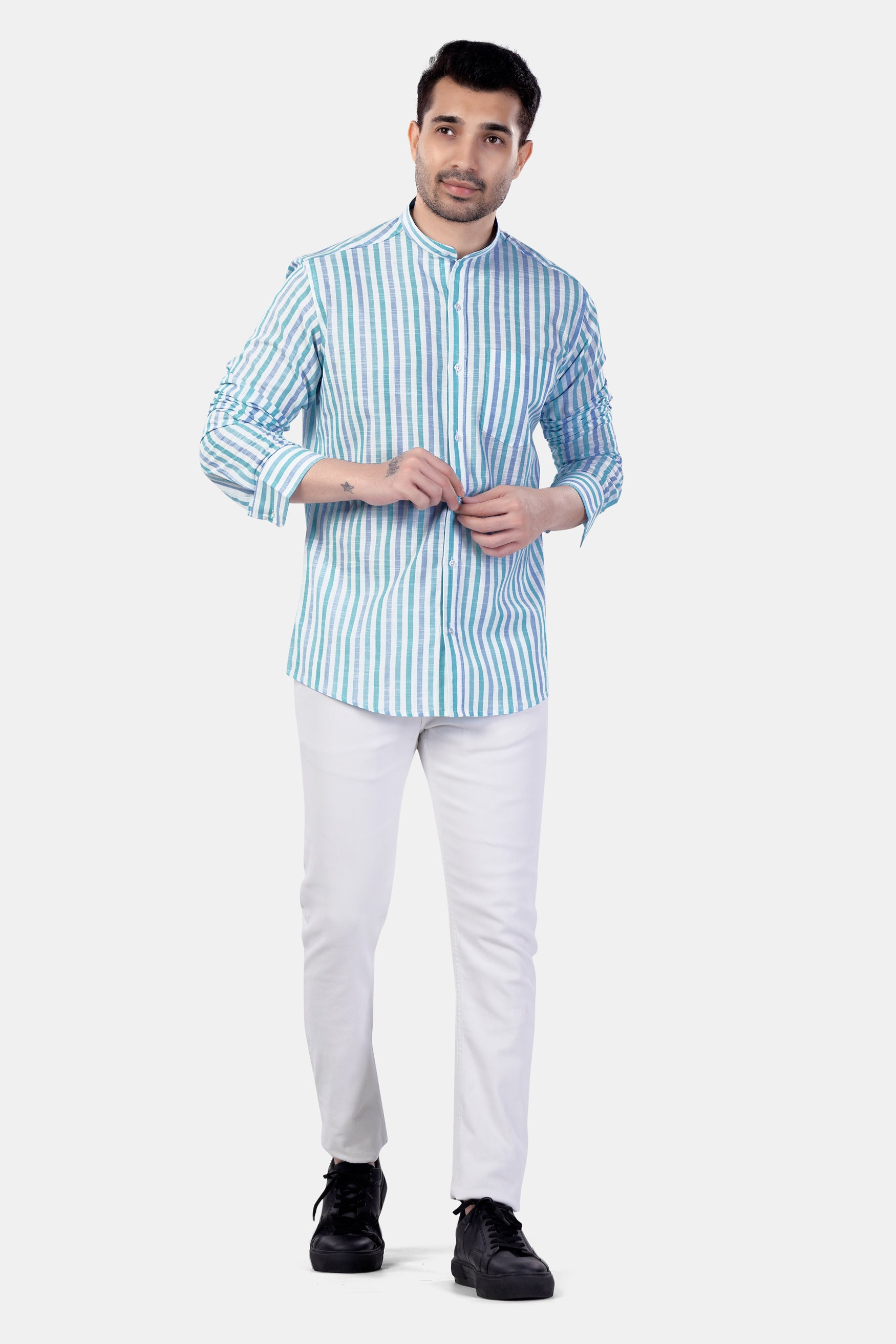 Bright White with Cascade Green and Yonder Blue Striped Premium Cotton Shirt