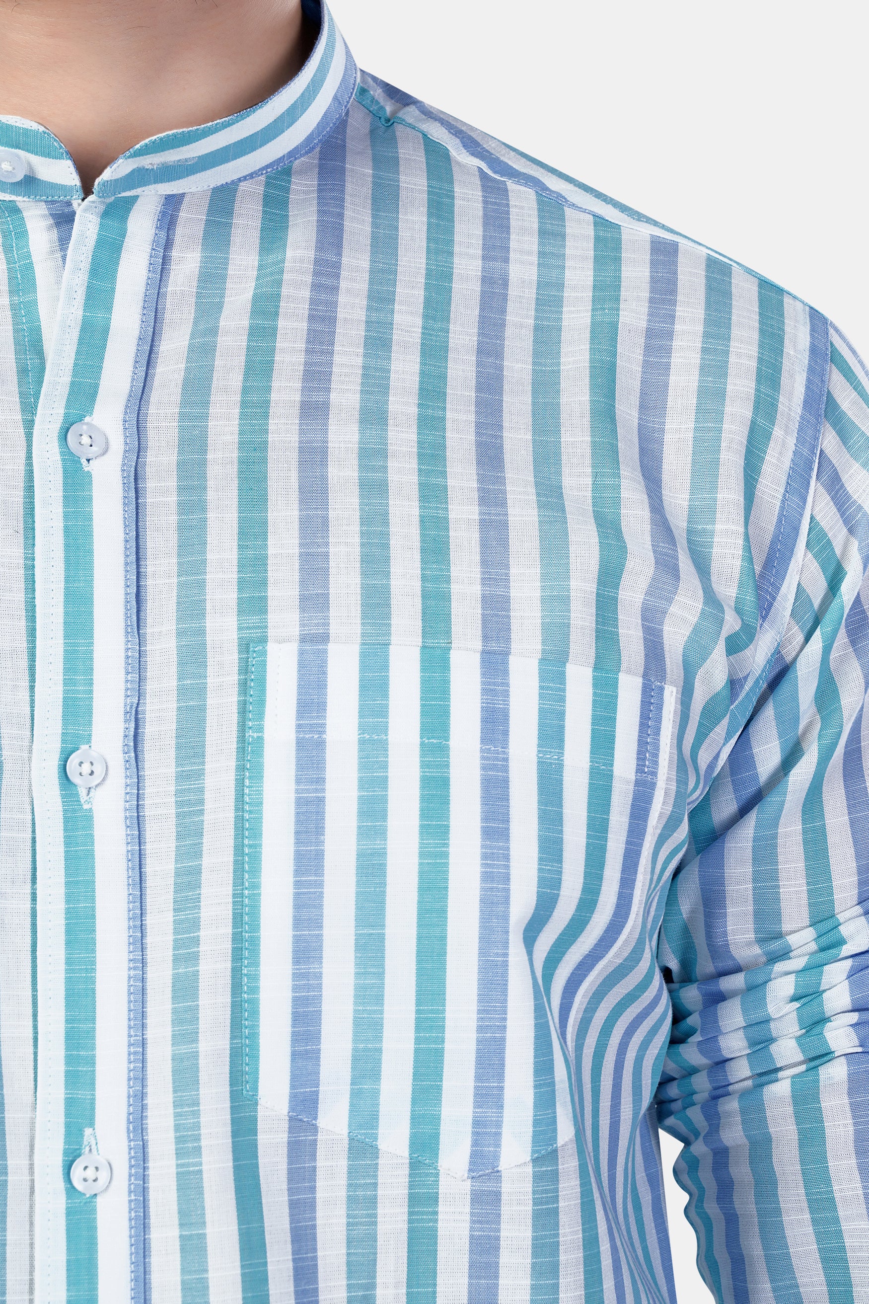 Bright White with Cascade Green and Yonder Blue Striped Premium Cotton Shirt