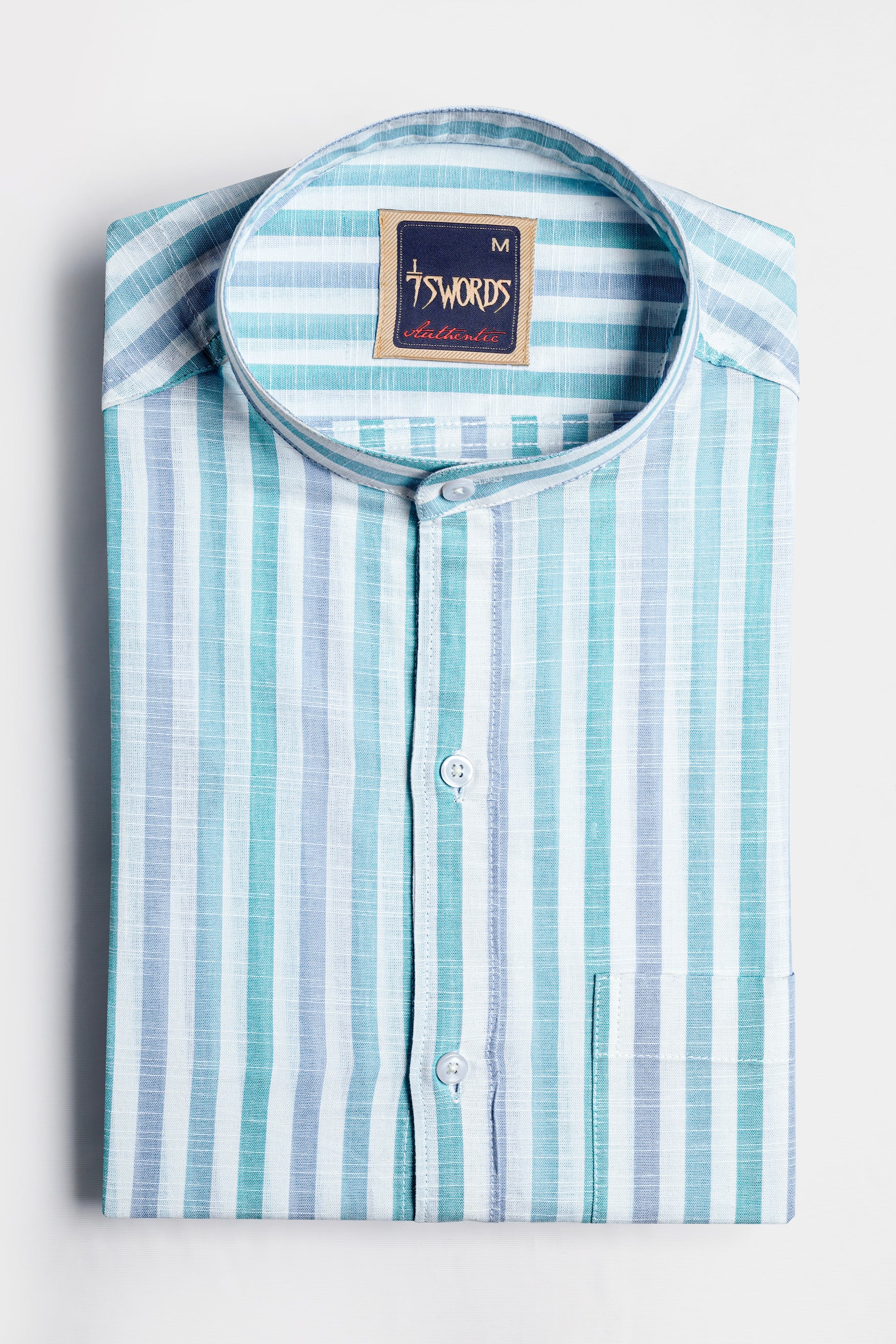 Bright White with Cascade Green and Yonder Blue Striped Premium Cotton Shirt