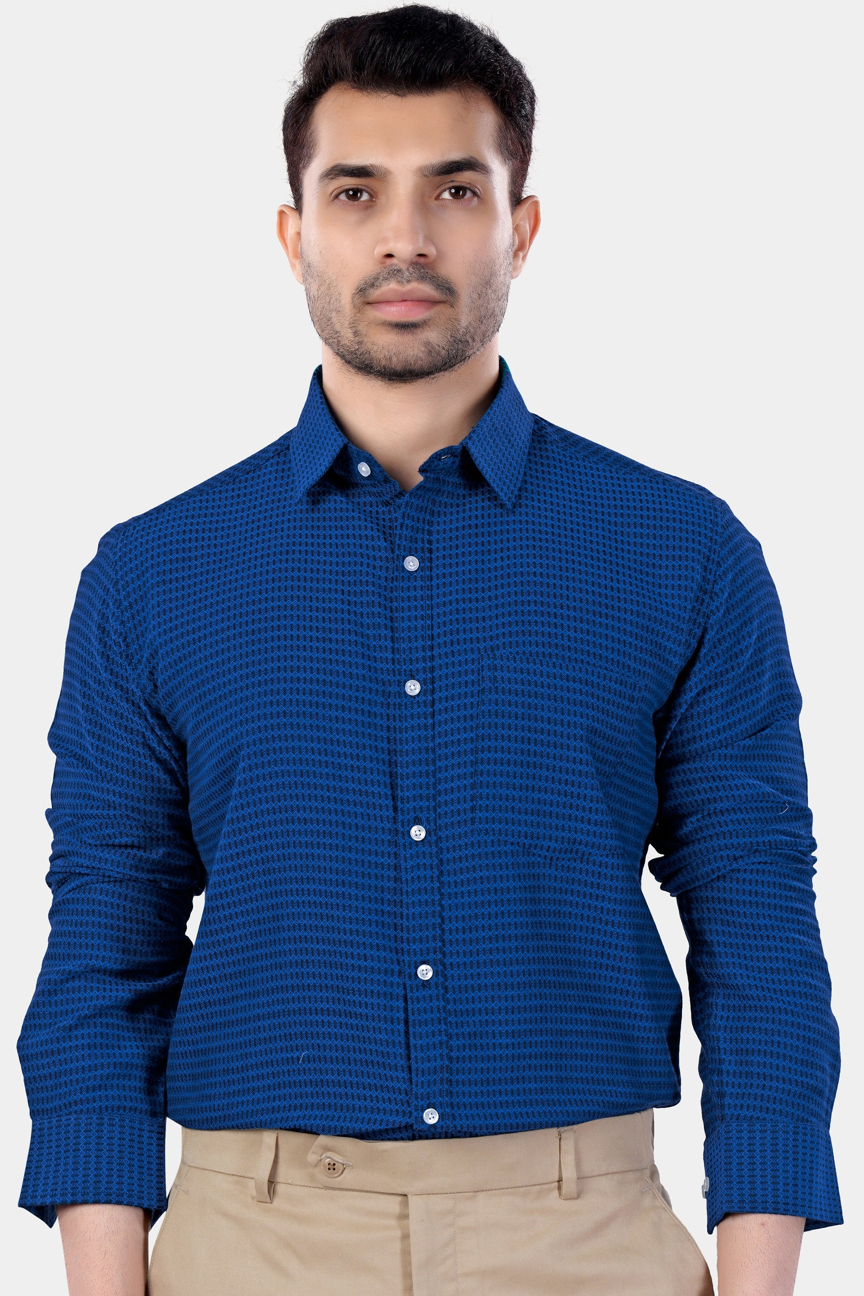 Cerulean Blue and Downriver Blue Micro Printed Premium Cotton Shirt