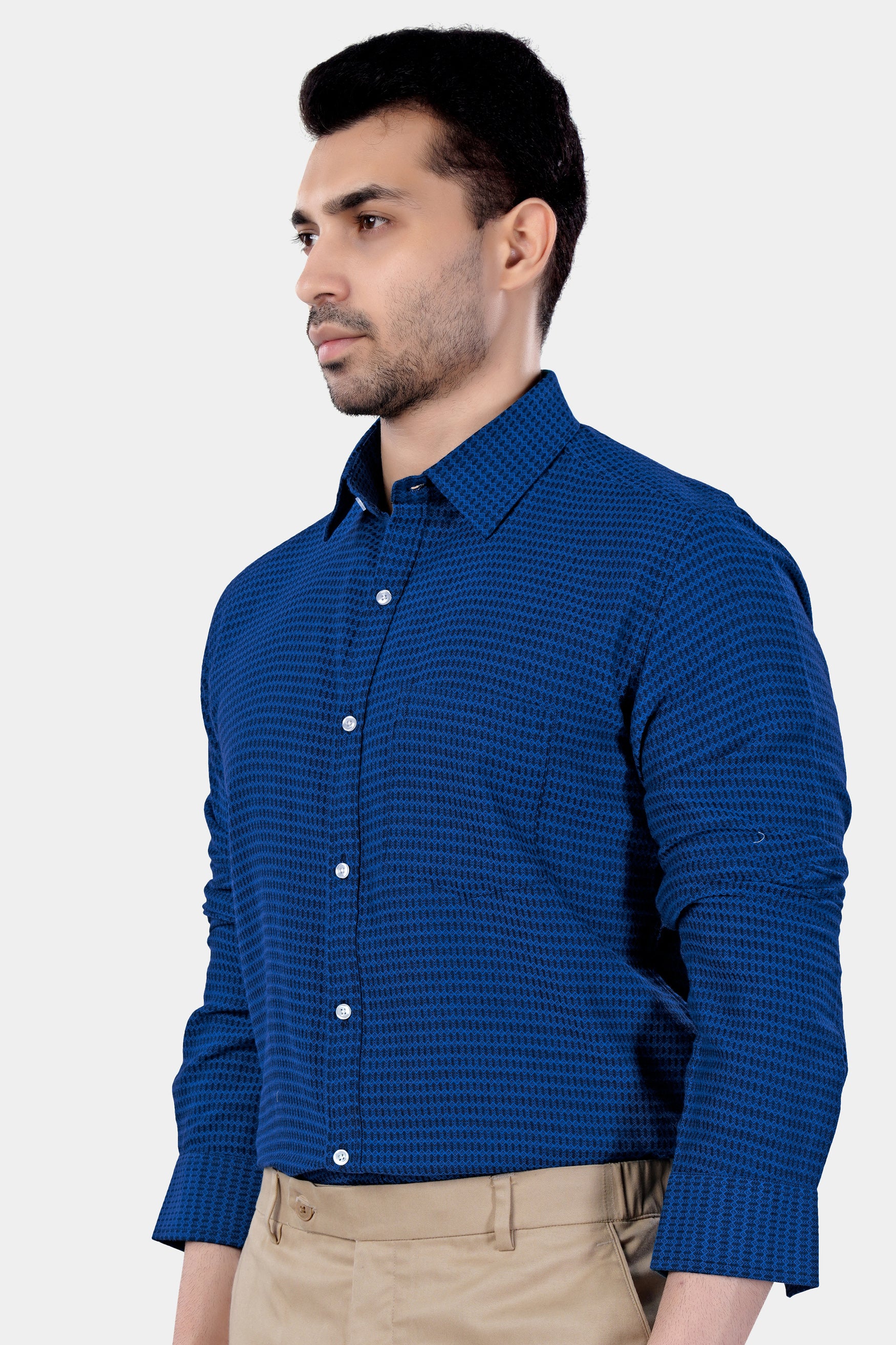 Cerulean Blue and Downriver Blue Micro Printed Premium Cotton Shirt