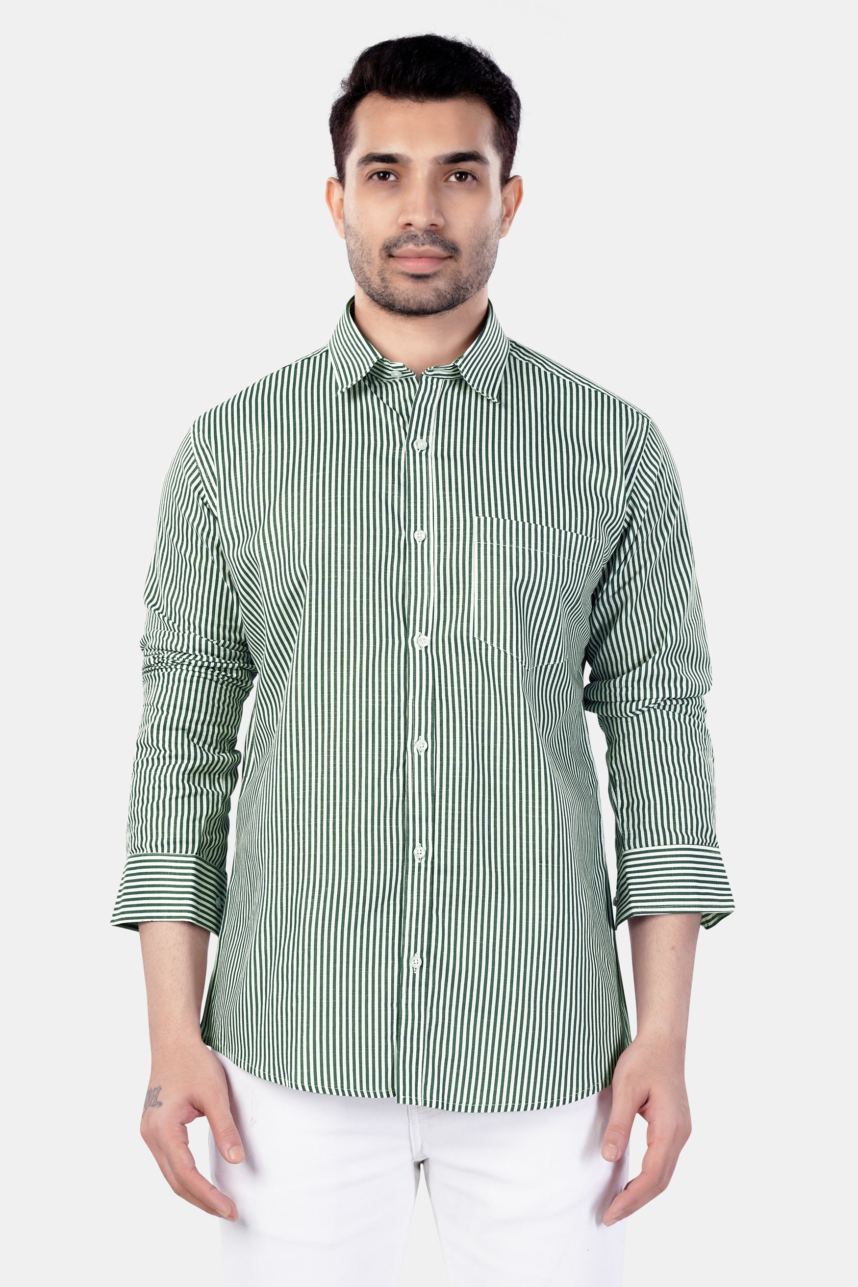 Bright White and Cactus Green Striped Premium Cotton Shirt