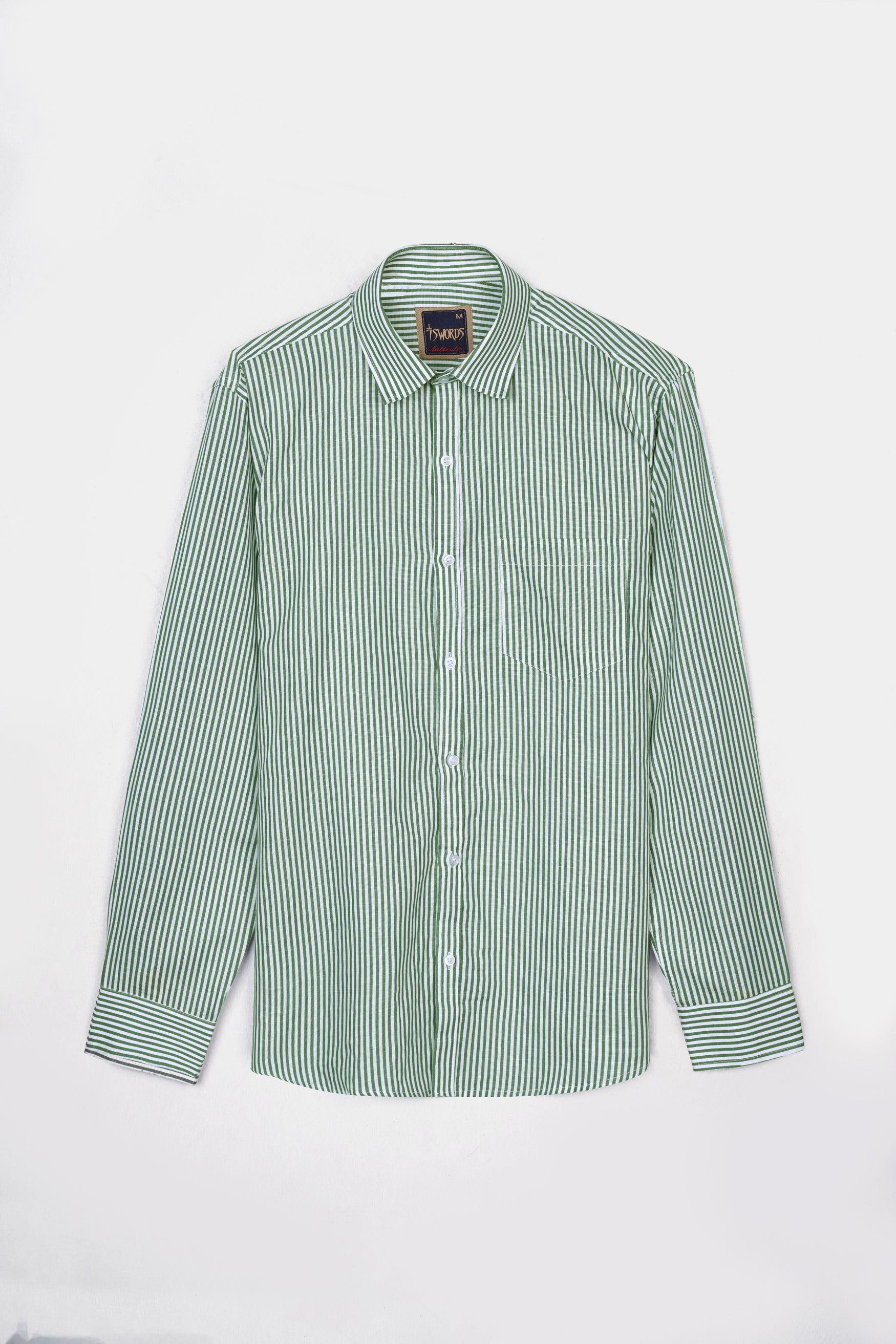 Bright White and Cactus Green Striped Premium Cotton Shirt