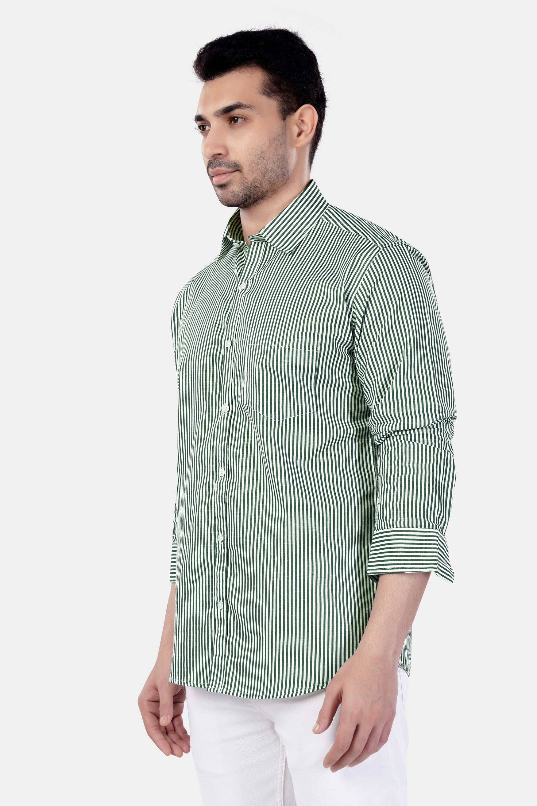 Bright White and Cactus Green Striped Premium Cotton Shirt