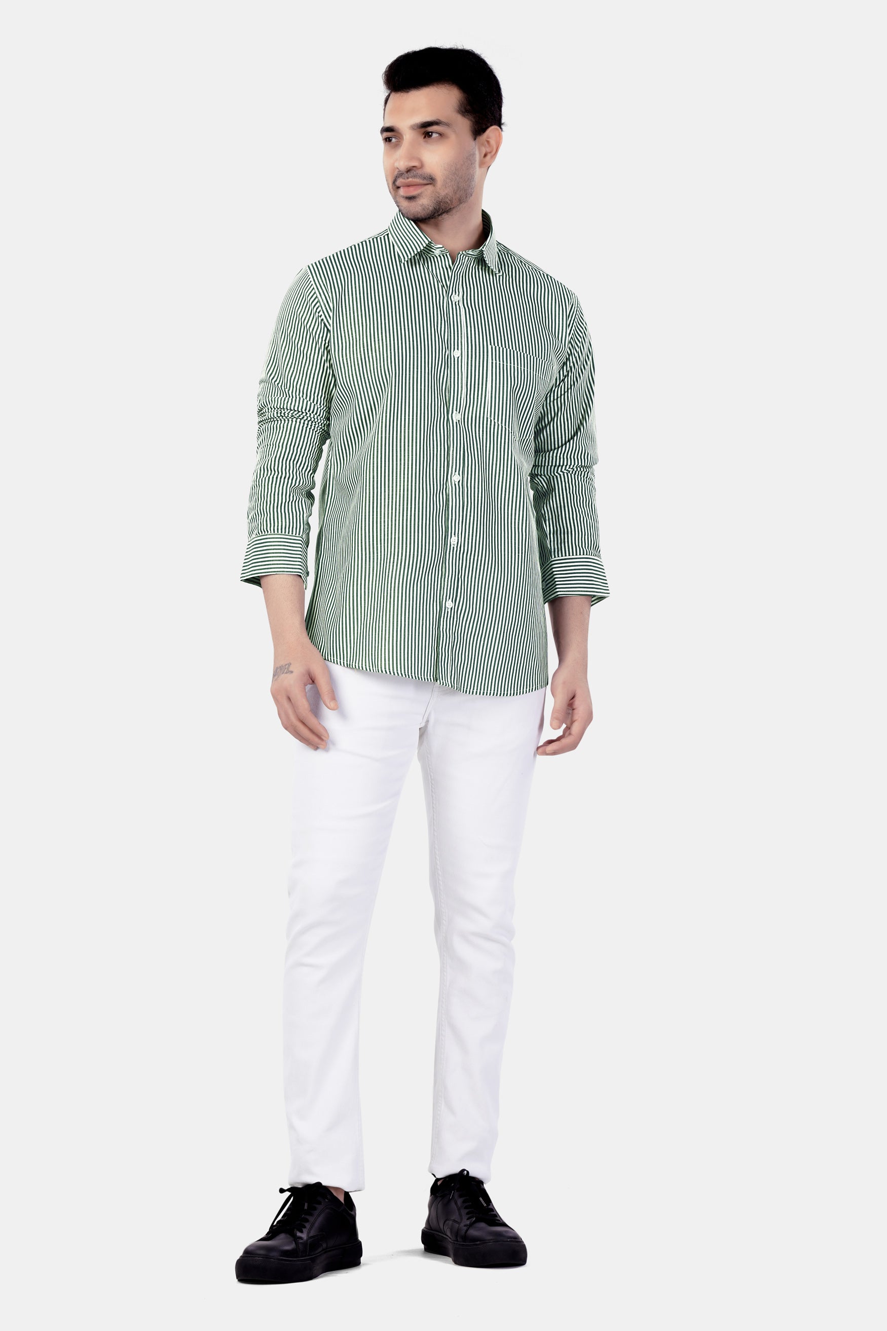 Bright White and Cactus Green Striped Premium Cotton Shirt