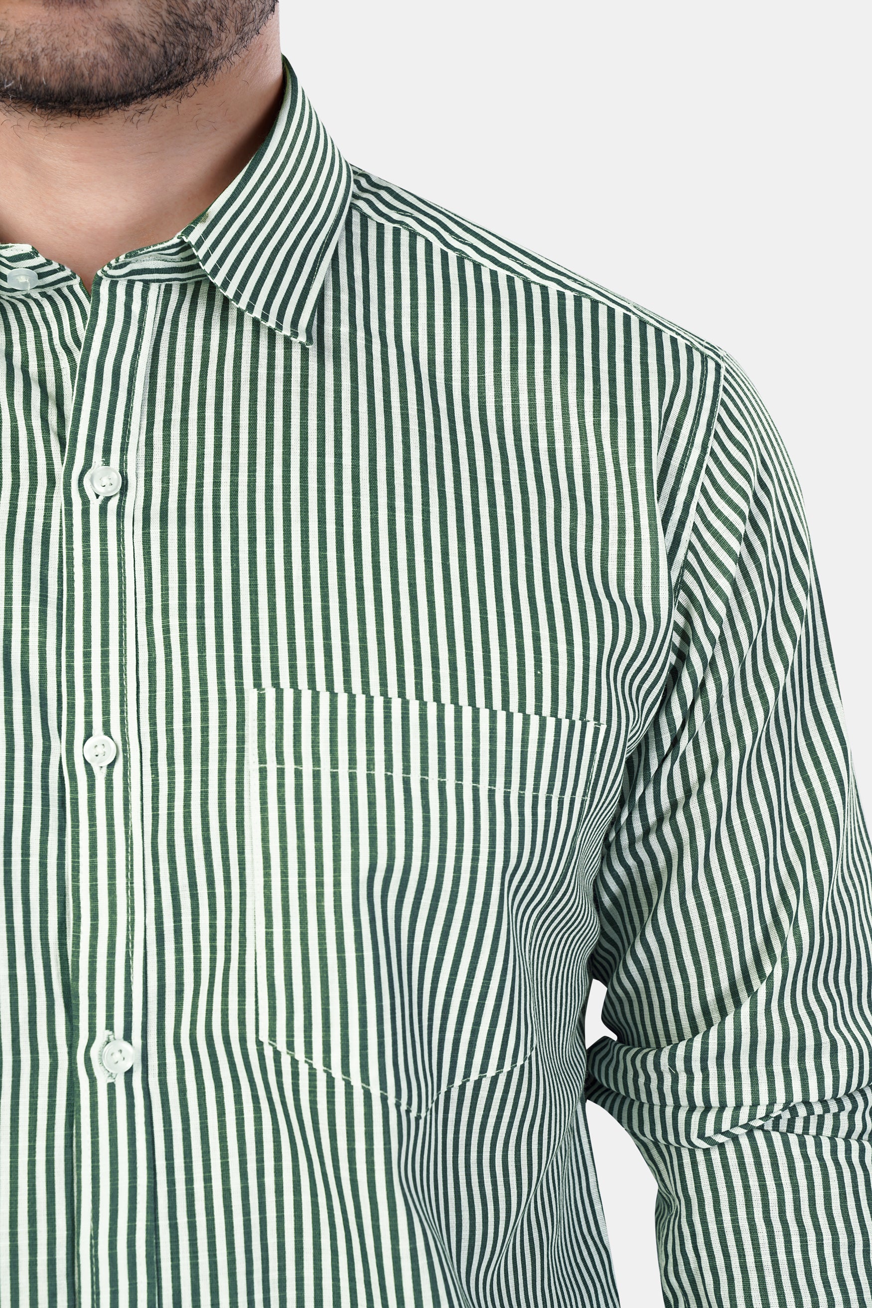 Bright White and Cactus Green Striped Premium Cotton Shirt