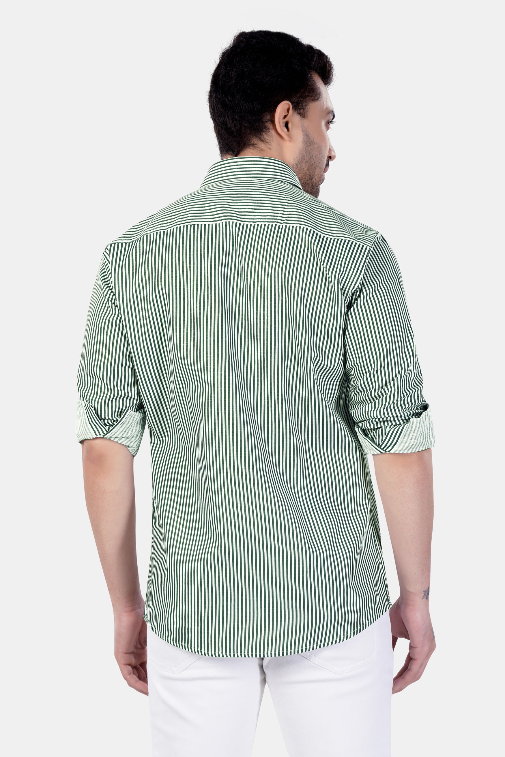 Bright White and Cactus Green Striped Premium Cotton Shirt