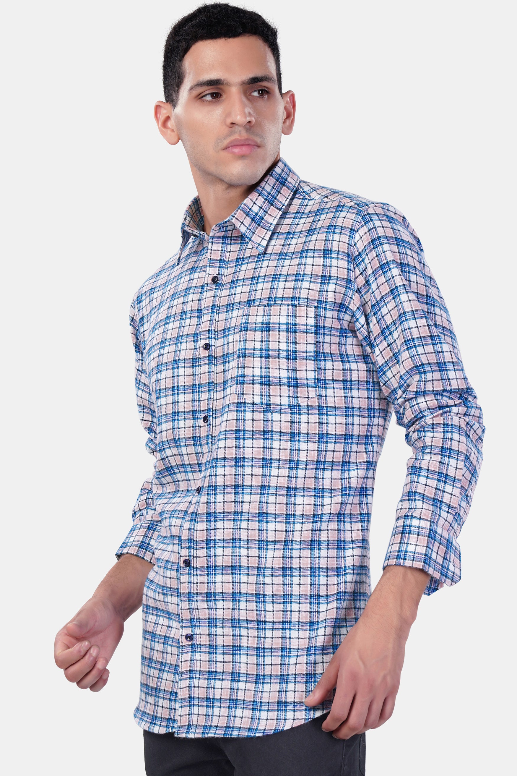 Danube Blue and Blossom Pink Checkered Premium Cotton Shirt