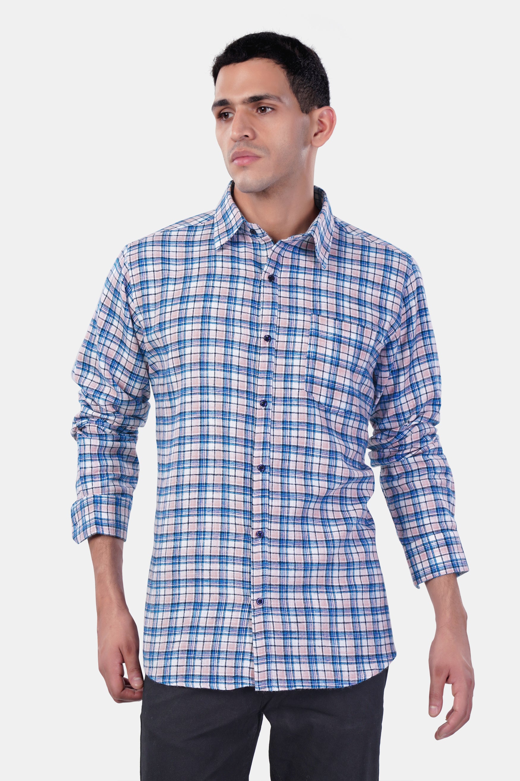 Danube Blue and Blossom Pink Checkered Premium Cotton Shirt