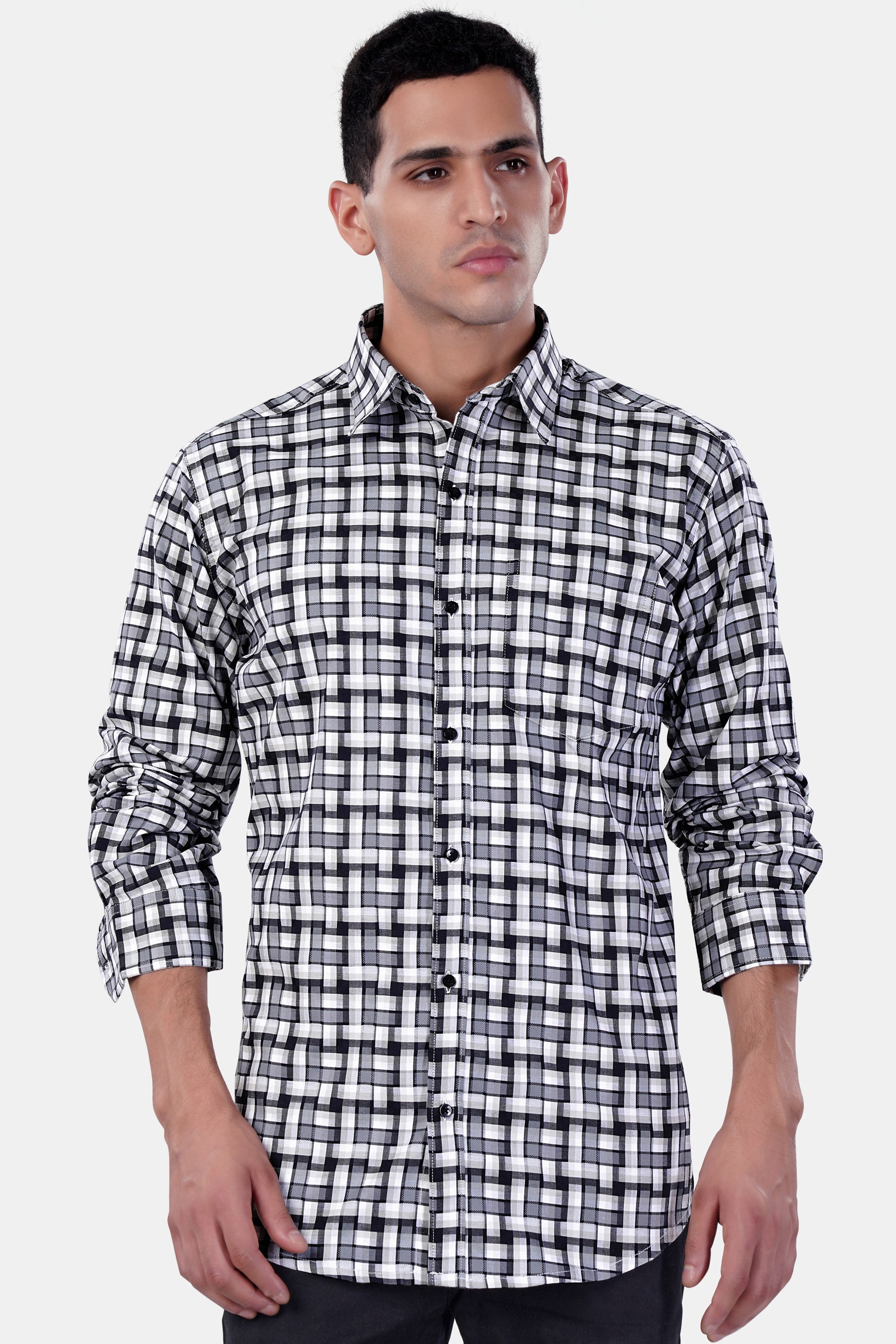 Davy Gray with Cinder Gray and White Checkered Premium Cotton Shirt