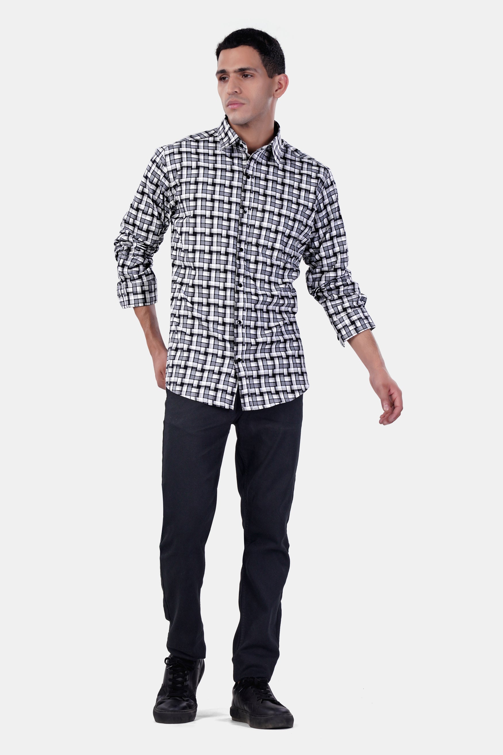 Davy Gray with Cinder Gray and White Checkered Premium Cotton Shirt