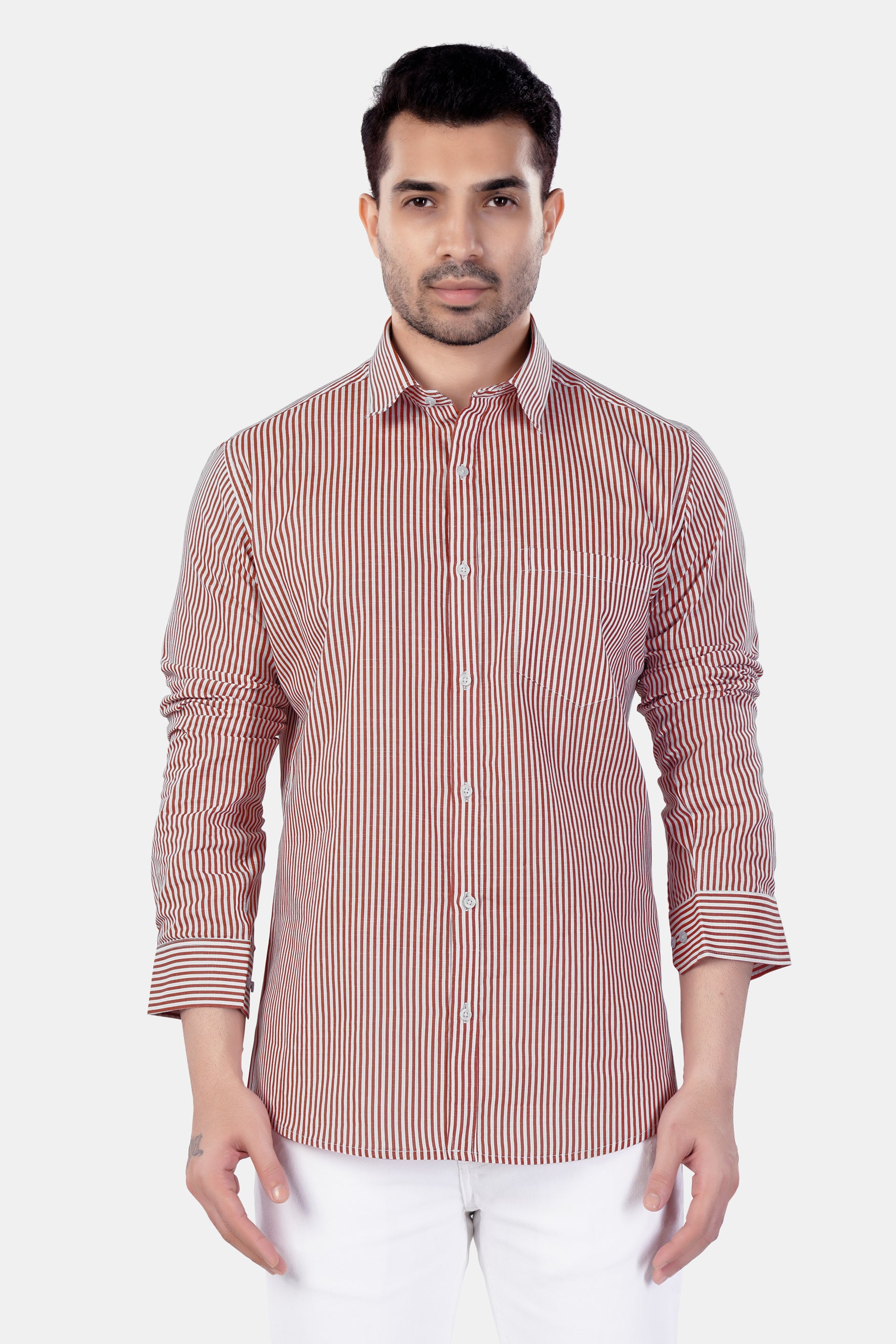 Blush Brown and Bright White Striped Premium Cotton Shirt