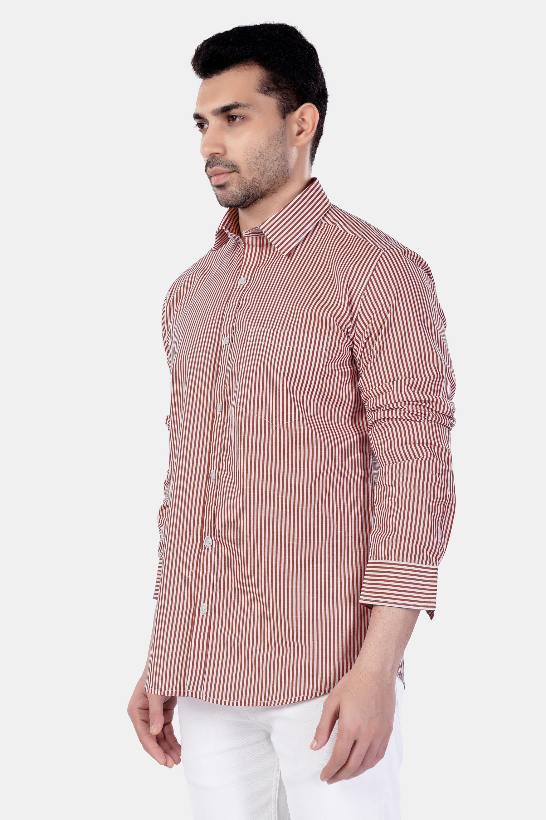 Blush Brown and Bright White Striped Premium Cotton Shirt