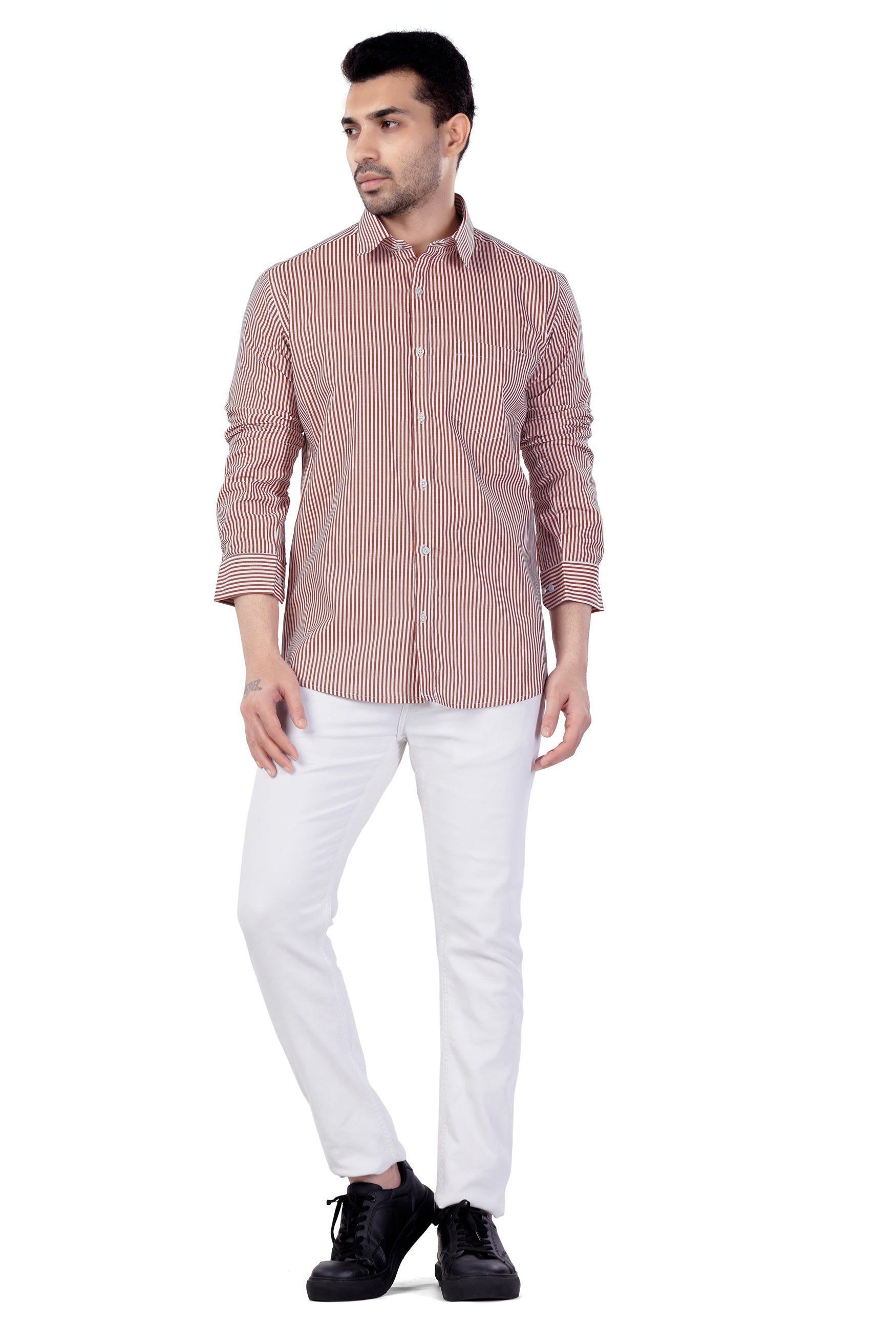 Blush Brown and Bright White Striped Premium Cotton Shirt