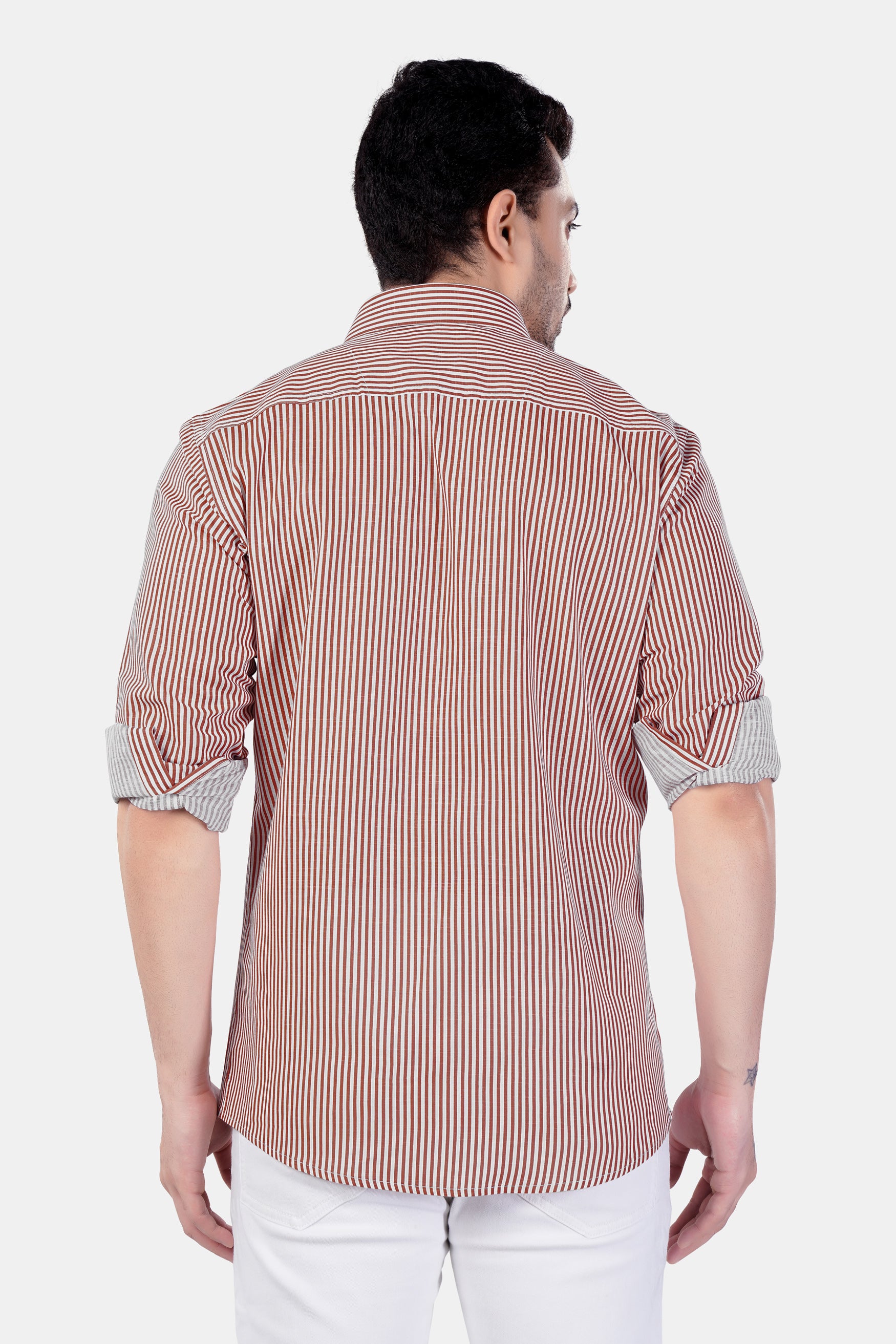 Blush Brown and Bright White Striped Premium Cotton Shirt