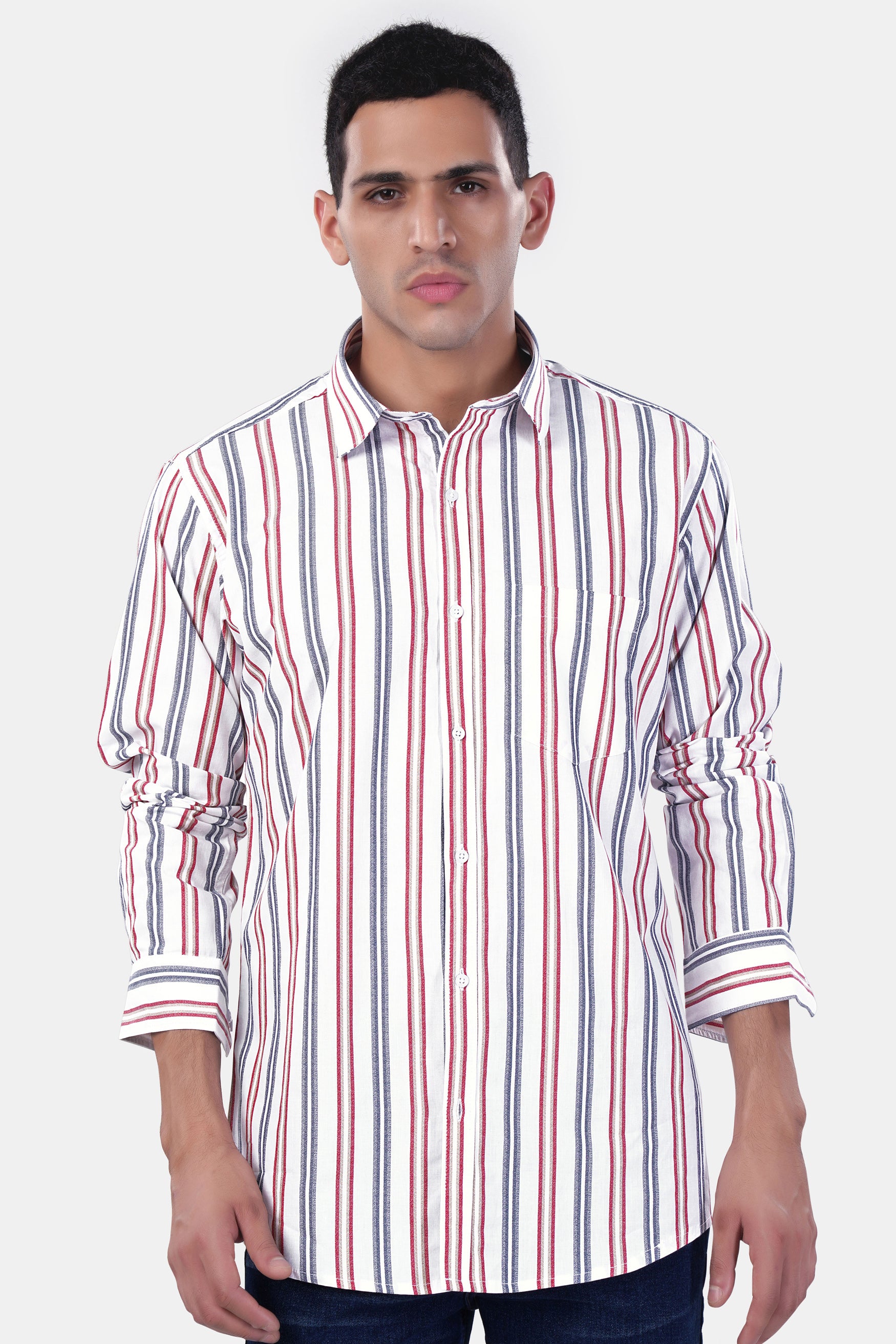 Bright White and Maple Red Multicolour Striped Premium Cotton Shirt