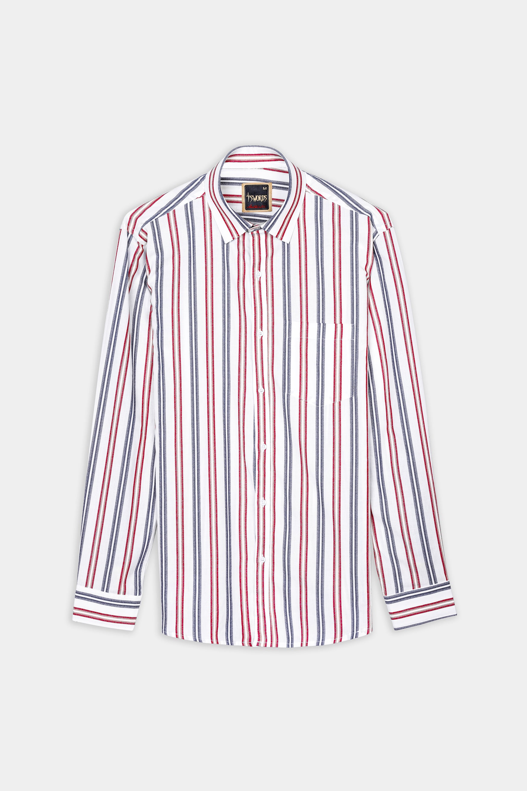 Bright White and Maple Red Multicolour Striped Premium Cotton Shirt