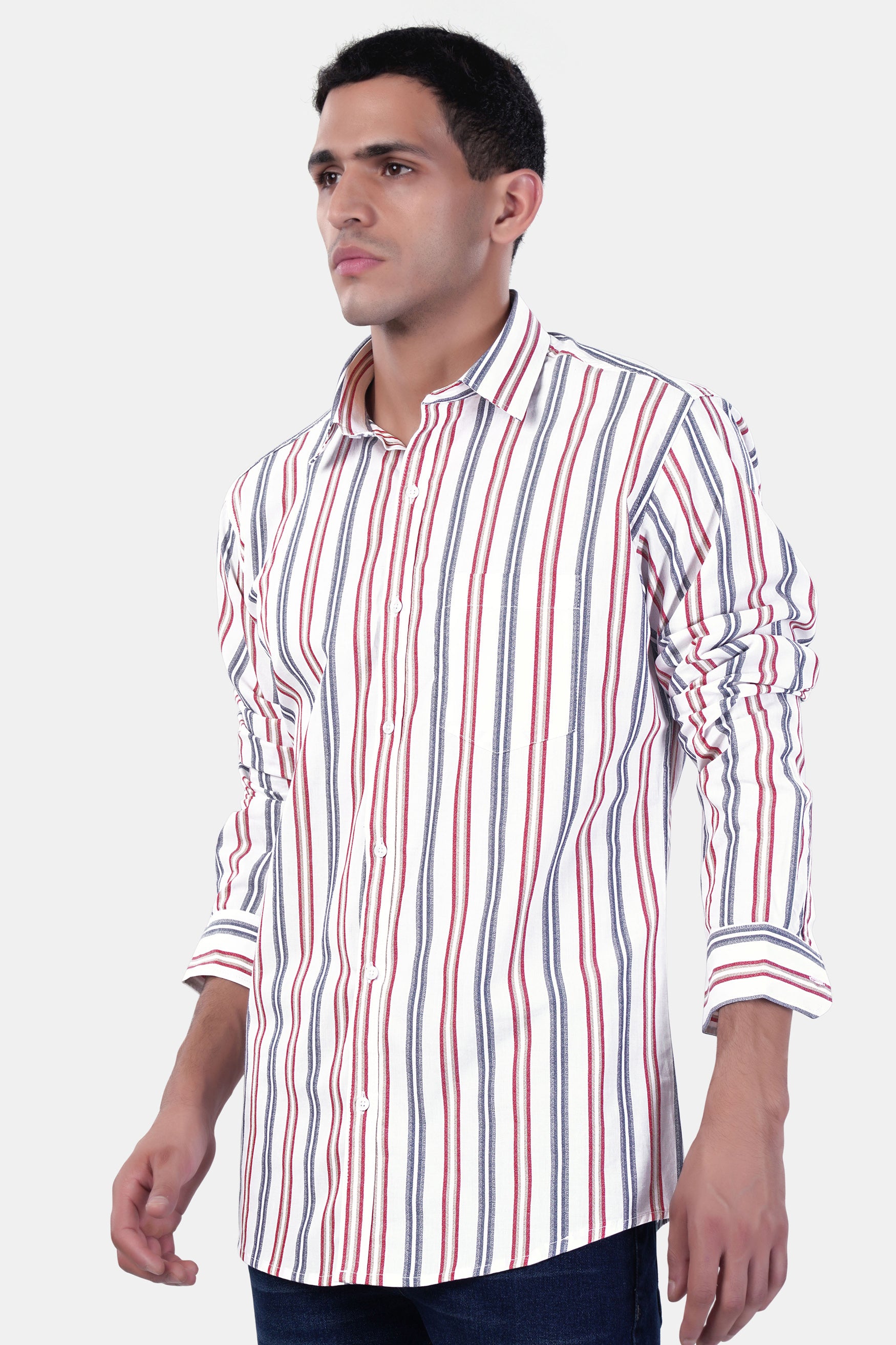 Bright White and Maple Red Multicolour Striped Premium Cotton Shirt