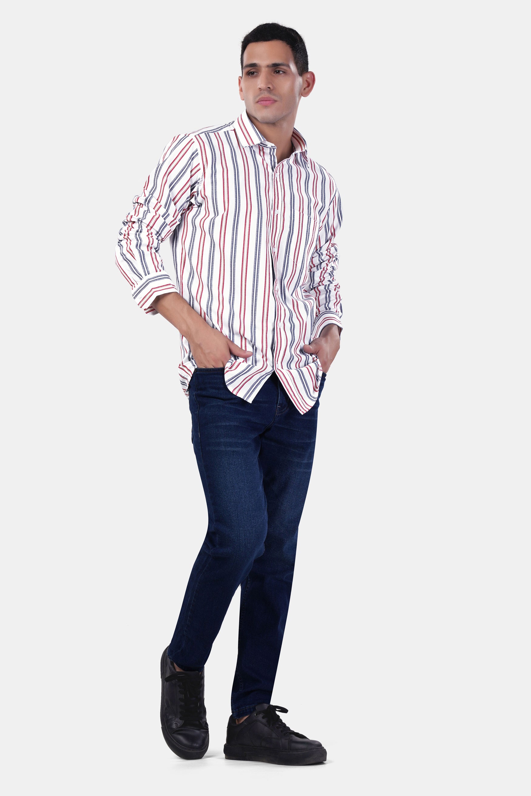 Bright White and Maple Red Multicolour Striped Premium Cotton Shirt