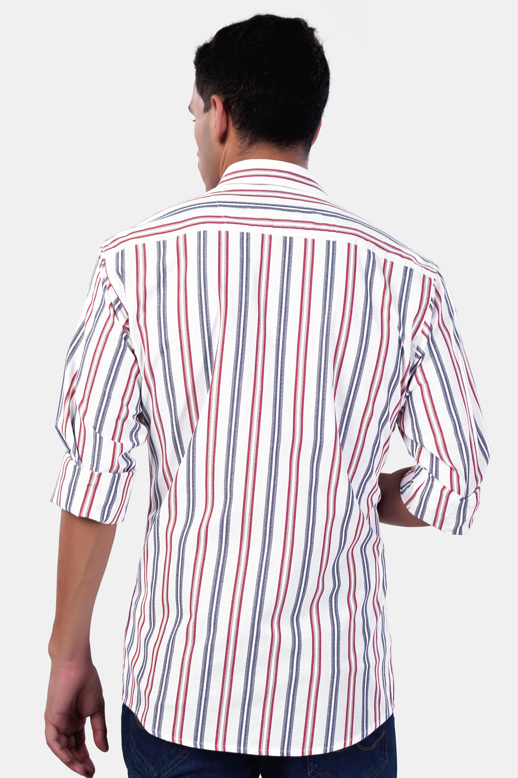 Bright White and Maple Red Multicolour Striped Premium Cotton Shirt