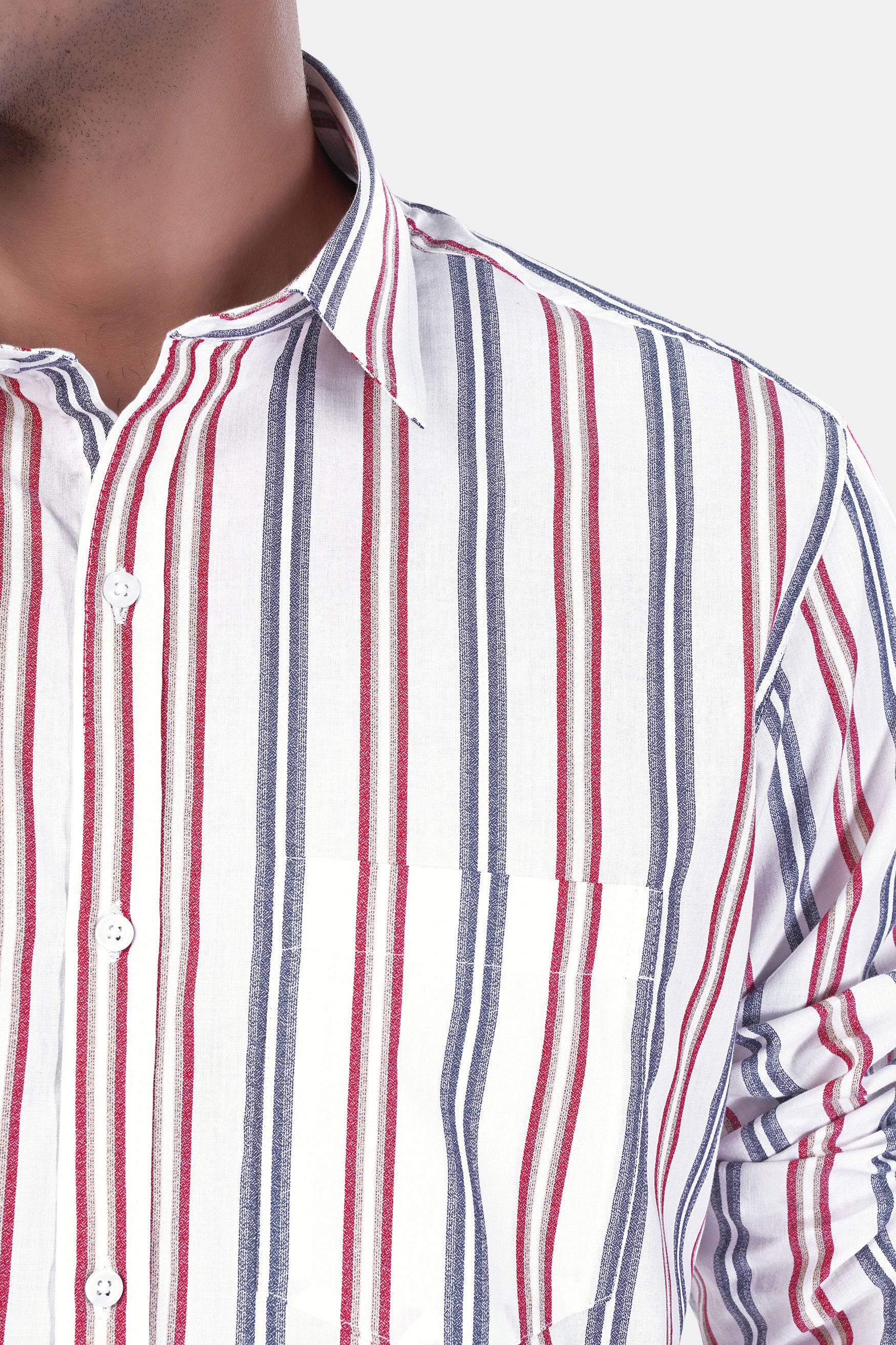 Bright White and Maple Red Multicolour Striped Premium Cotton Shirt