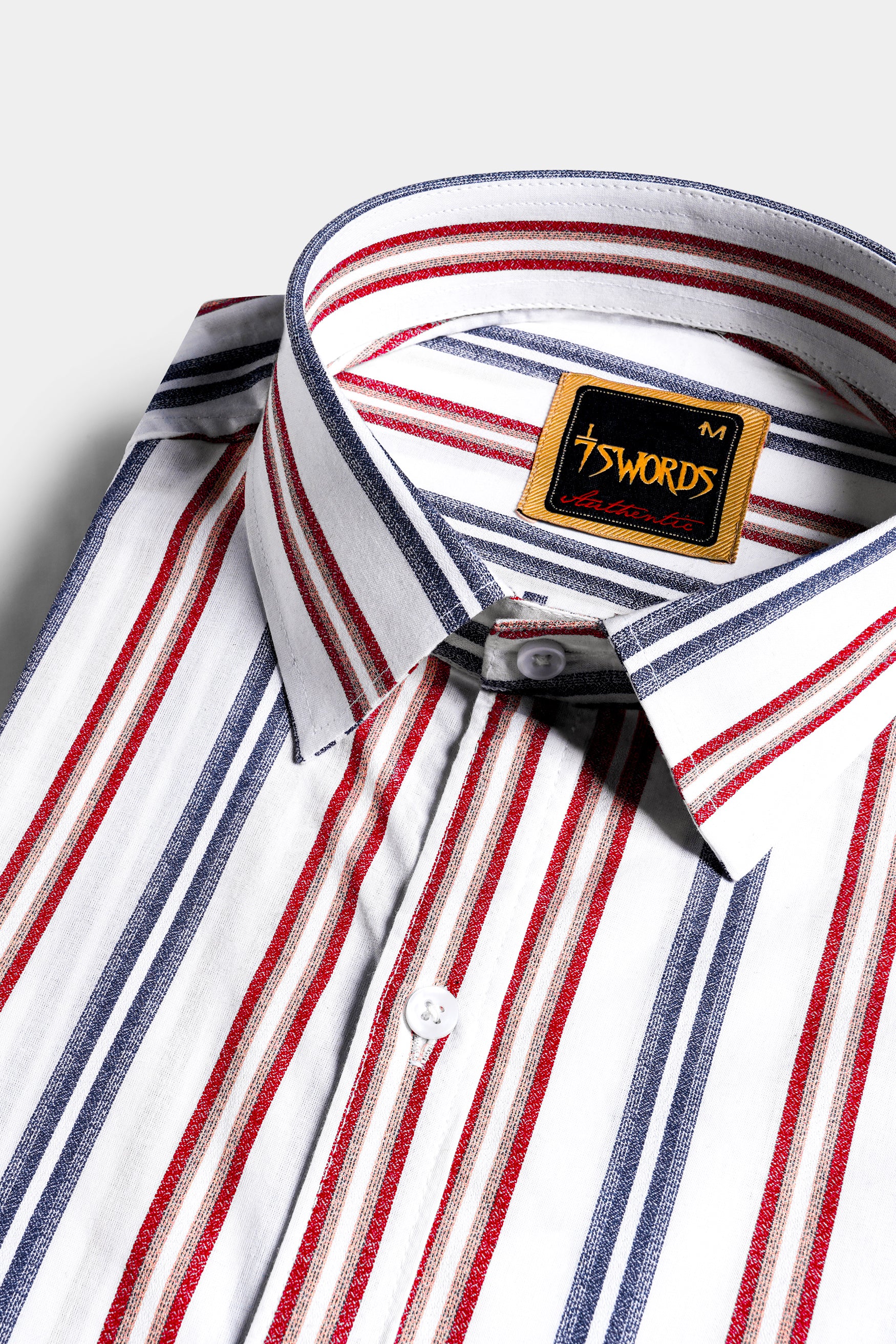 Bright White and Maple Red Multicolour Striped Premium Cotton Shirt